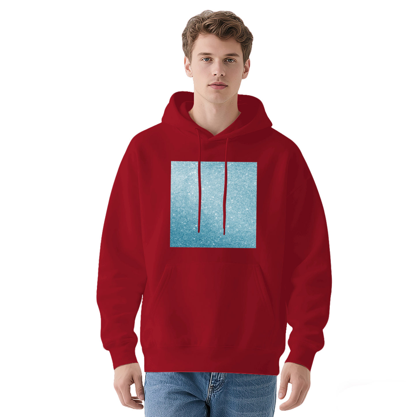 Blue Glitter Square Minimal White Hoodie, Light Comfort Simple Daily Hooded Top