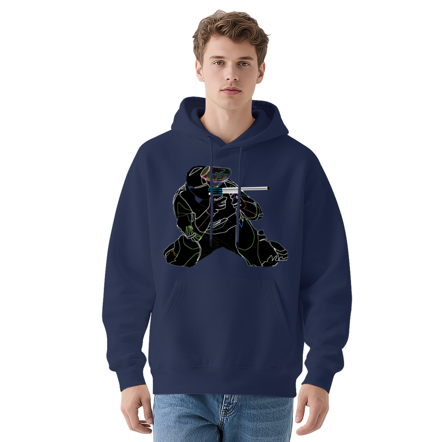 Neon Line Paintball Player Unisex White Hoodie, Cozy Street Style