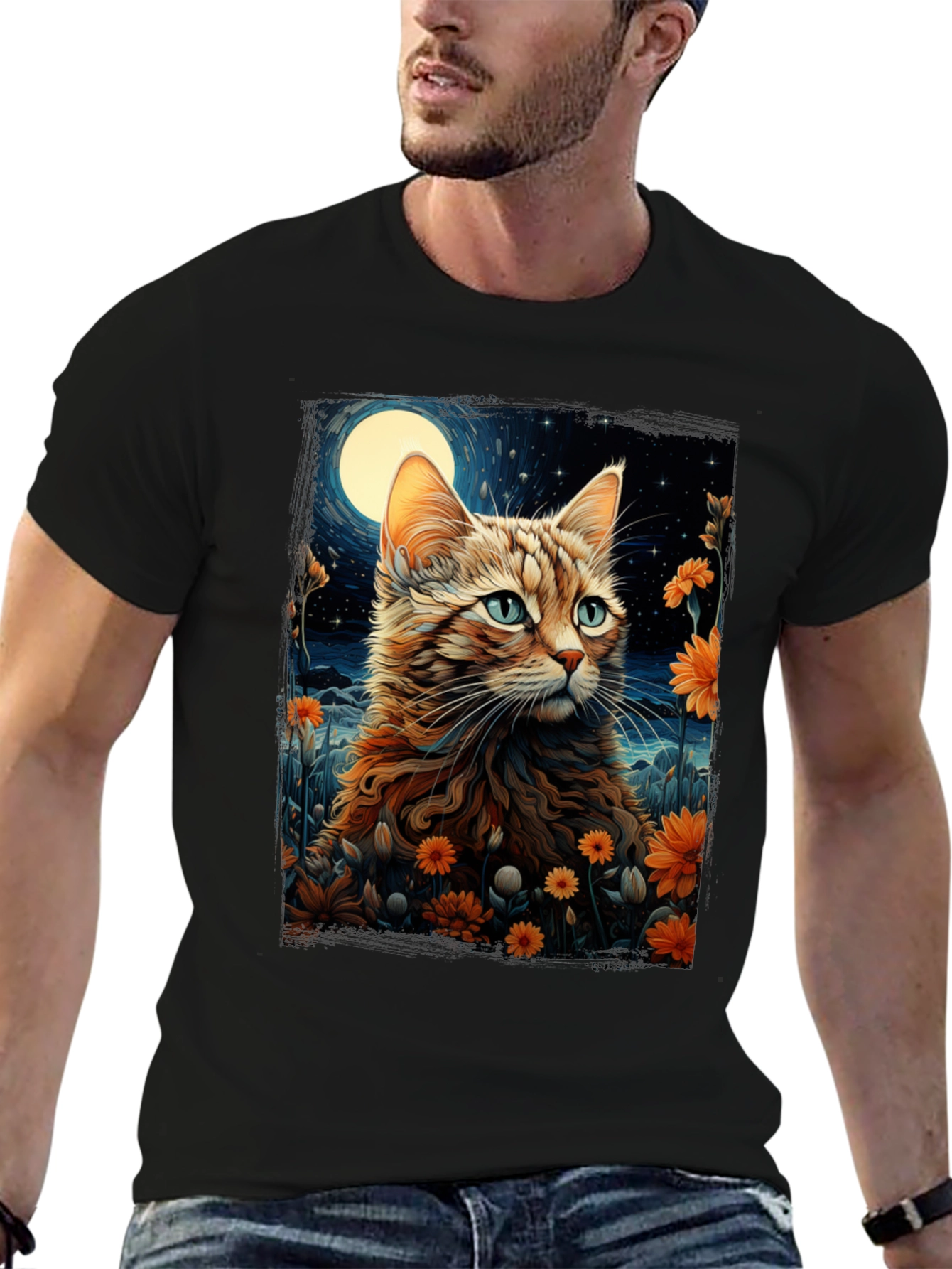 Moonlit Cat Graphic Tee - Stylish Comfort