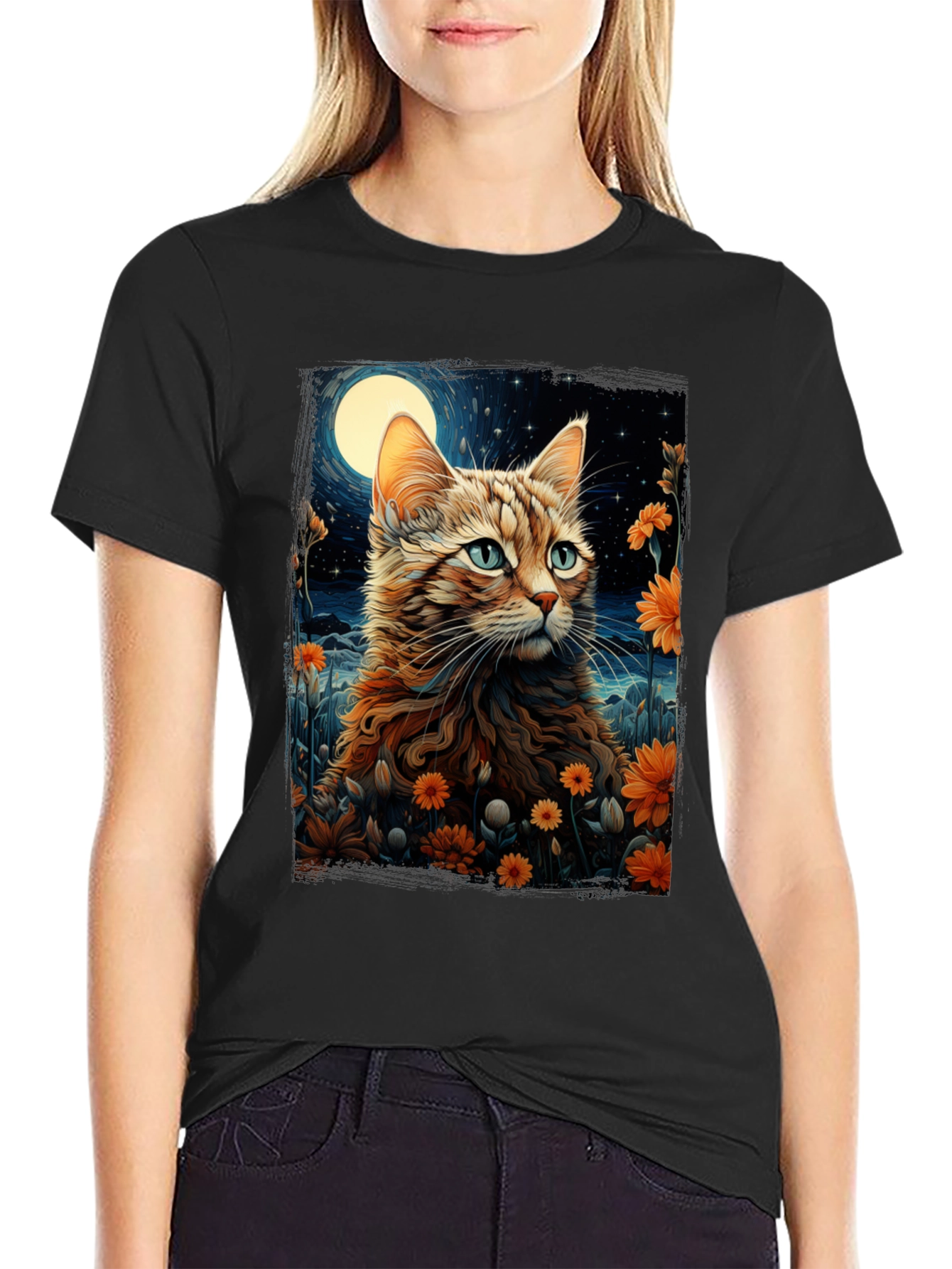 Moonlit Cat Graphic Tee - Stylish Comfort