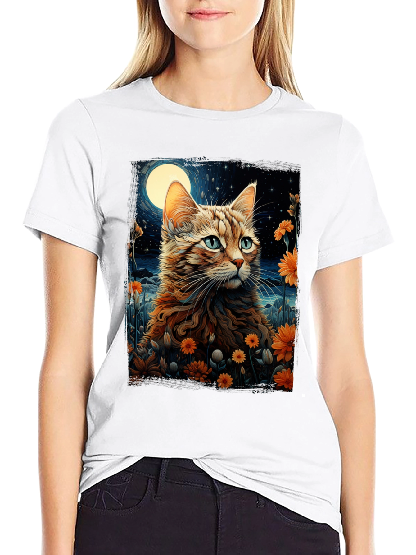 Moonlit Cat Graphic Tee - Stylish Comfort