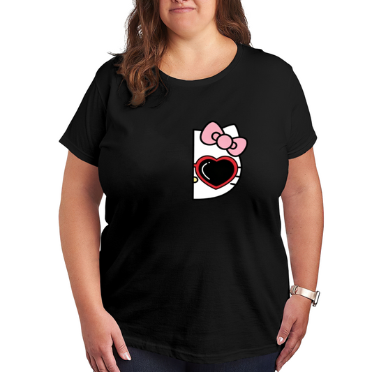 Plus Size Women Trendy Half?View Hello Kitty Heart Bow Black T?Shirt