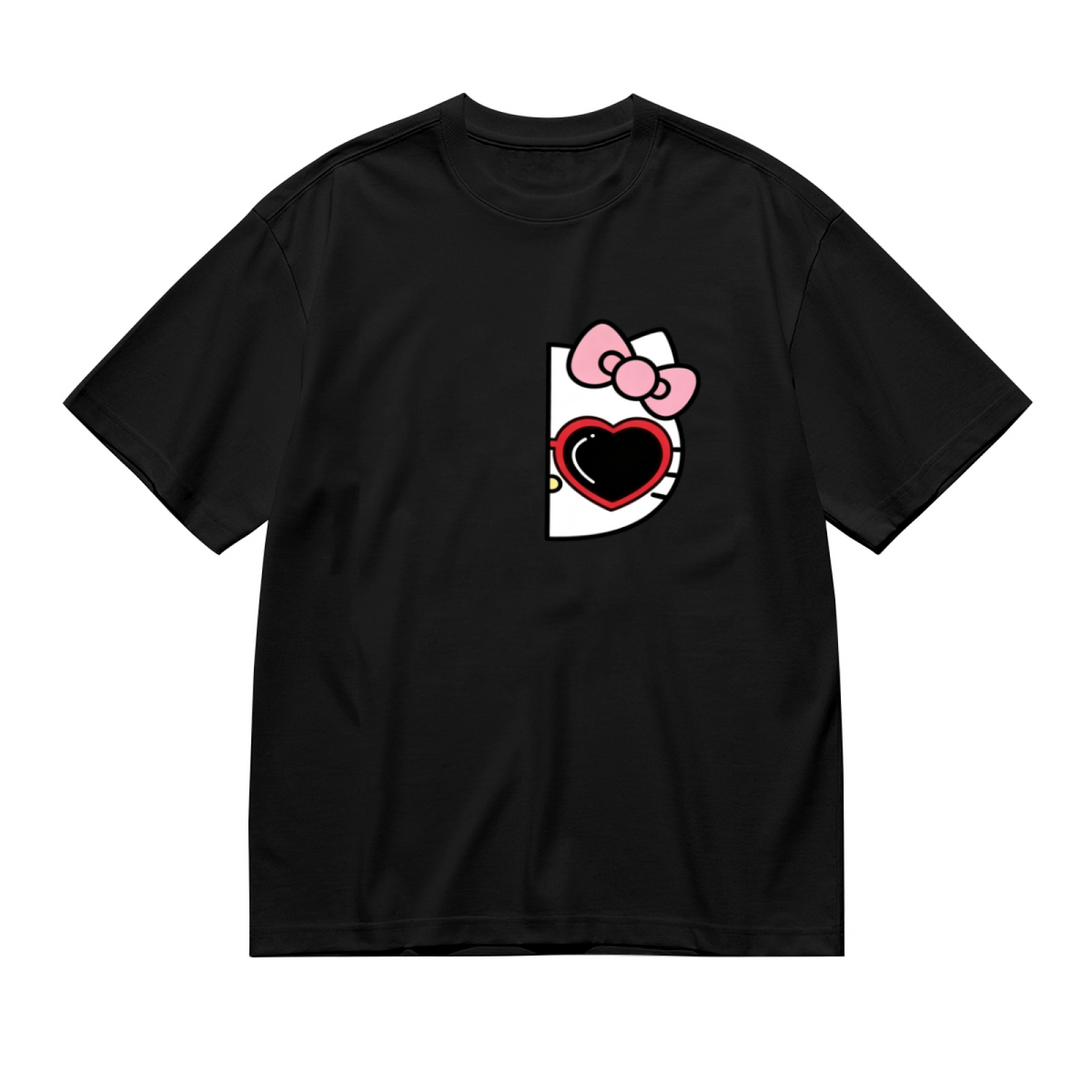 Plus Size Women Trendy Half?View Hello Kitty Heart Bow Black T?Shirt