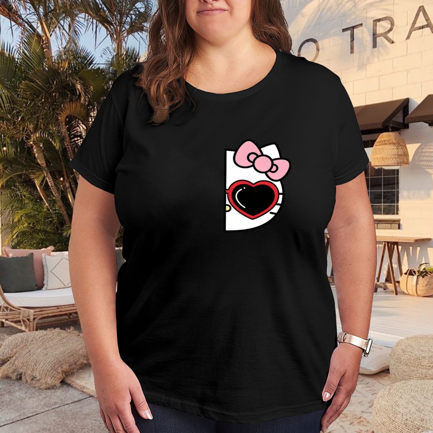 Plus Size Women Trendy Half?View Hello Kitty Heart Bow Black T?Shirt