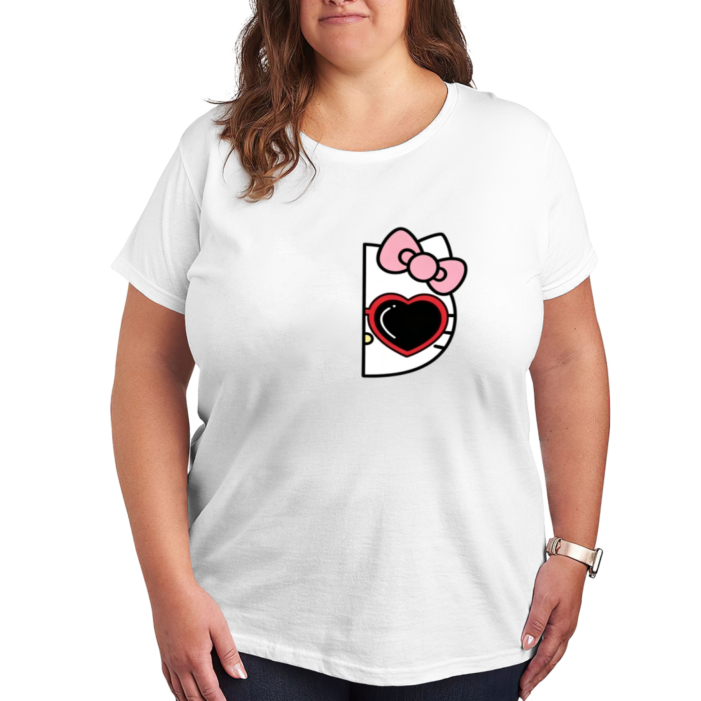 Plus Size Women Trendy Half?View Hello Kitty Heart Bow Black T?Shirt
