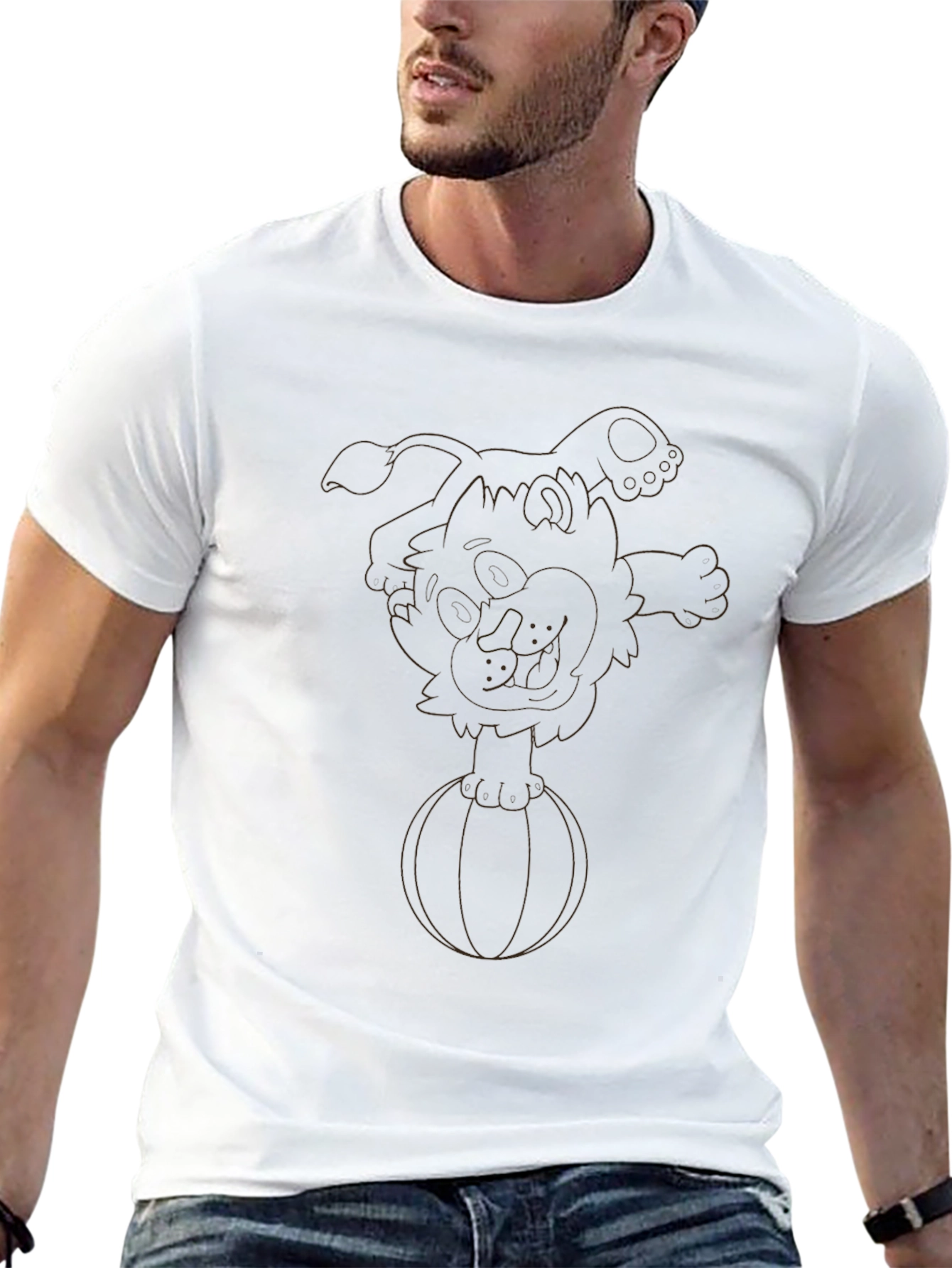 Black T-Shirt with Cartoon Dog on Ball Design