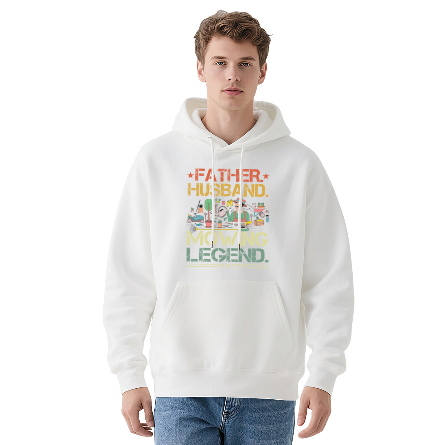 Father Husband Mowing Legend Vintage Navy Hoodie, Dad Cozy Graphic Pullover