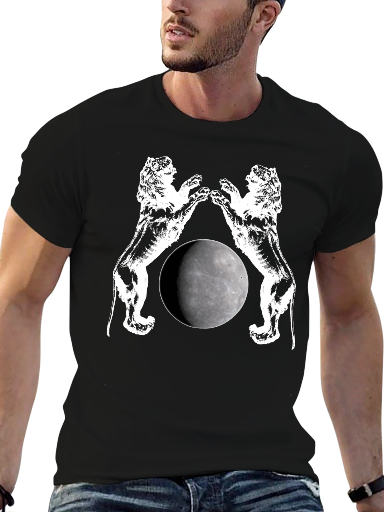 Two Lions Moon T-Shirt Graphic Black