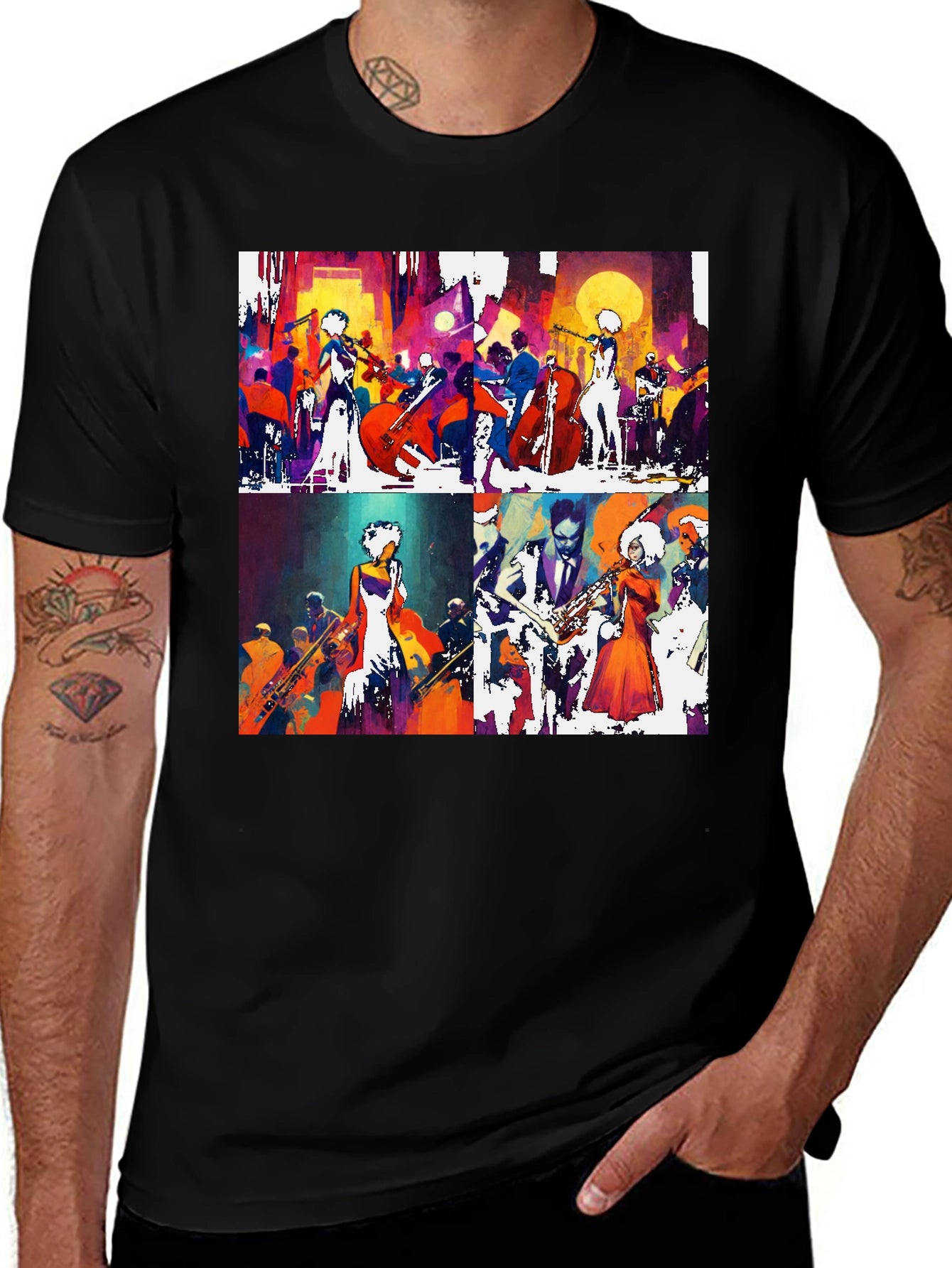 Abstract Jazz Band Graphic Tee - Mens Black T-Shirt