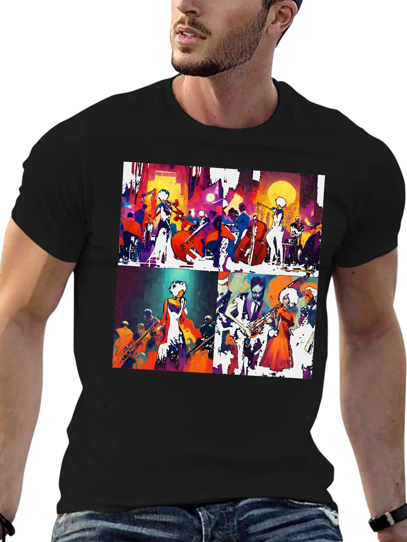Abstract Jazz Band Graphic Tee - Mens Black T-Shirt