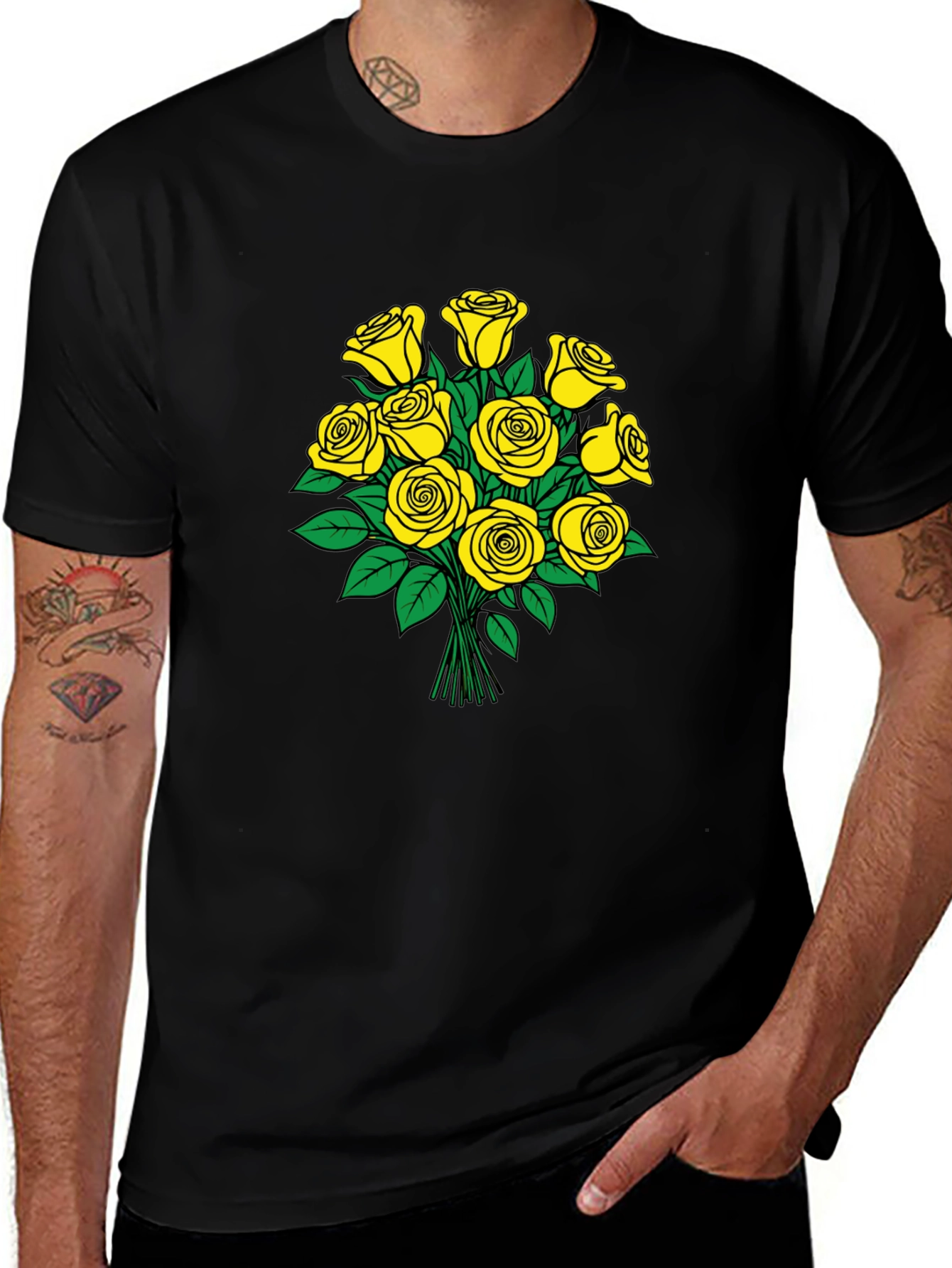 Yellow Roses Graphic Black T-Shirt