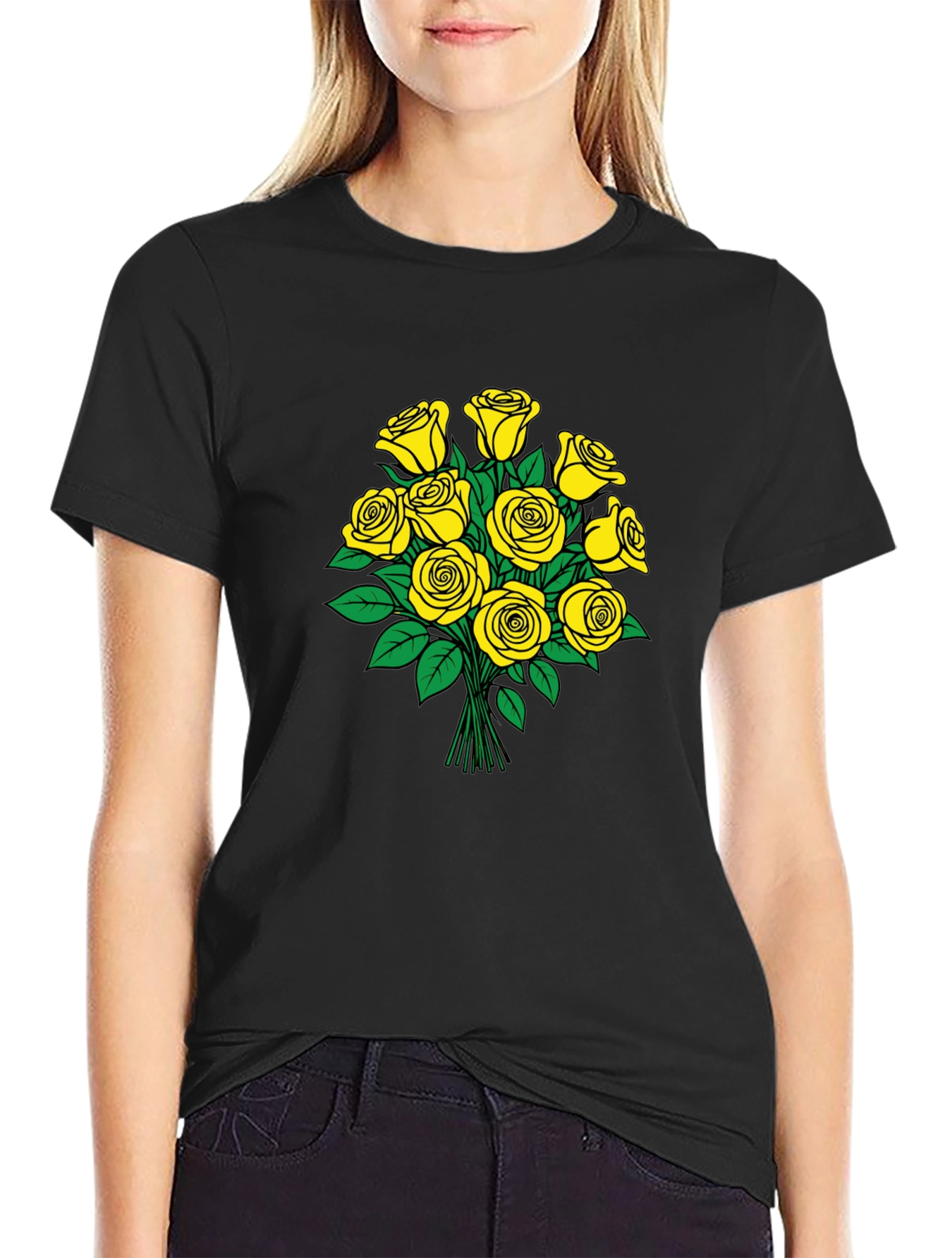 Yellow Roses Graphic Black T-Shirt