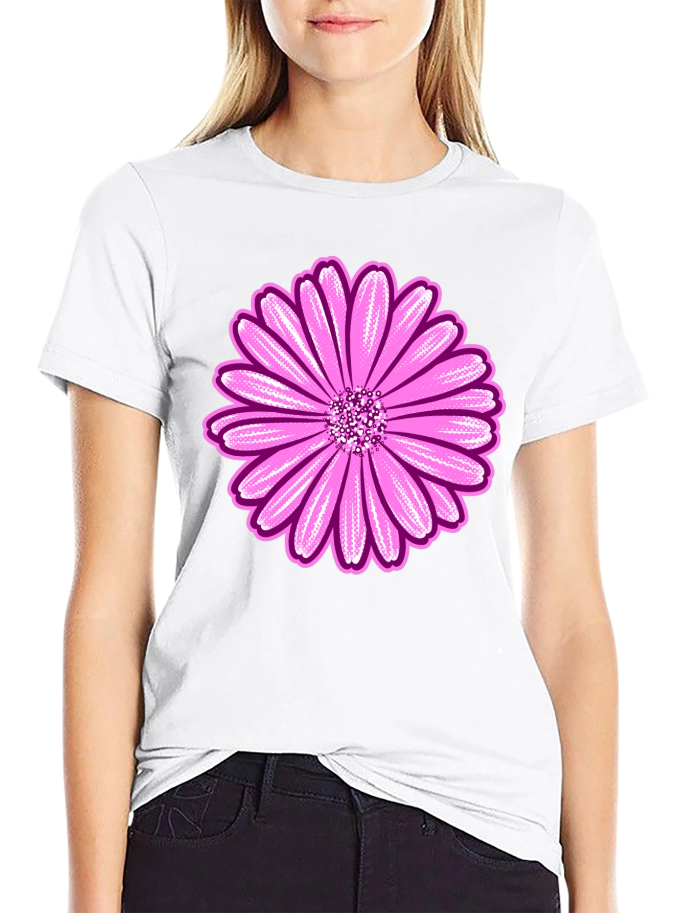 Pink Daisy Graphic Black T-Shirt