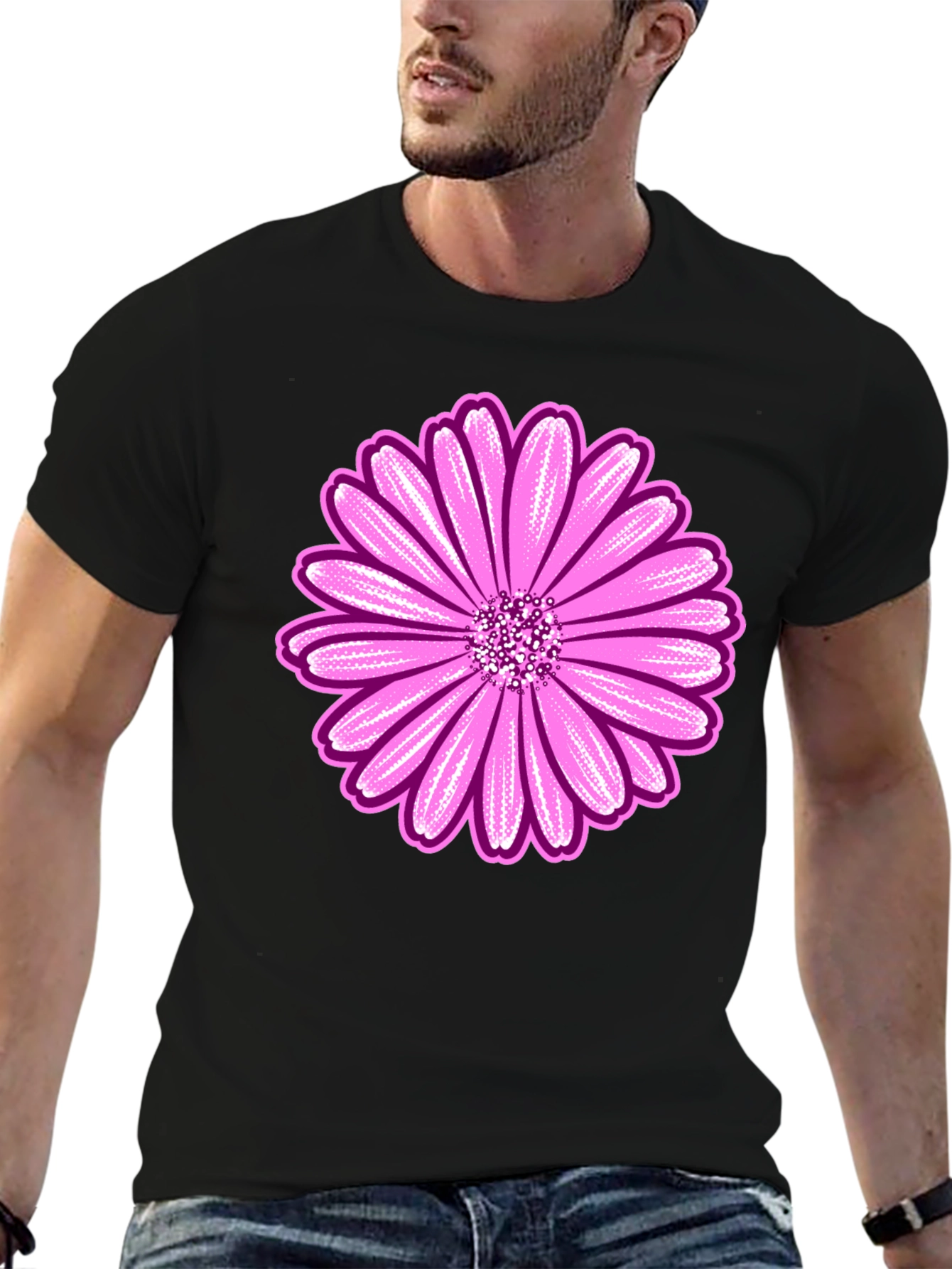 Pink Daisy Graphic Black T-Shirt