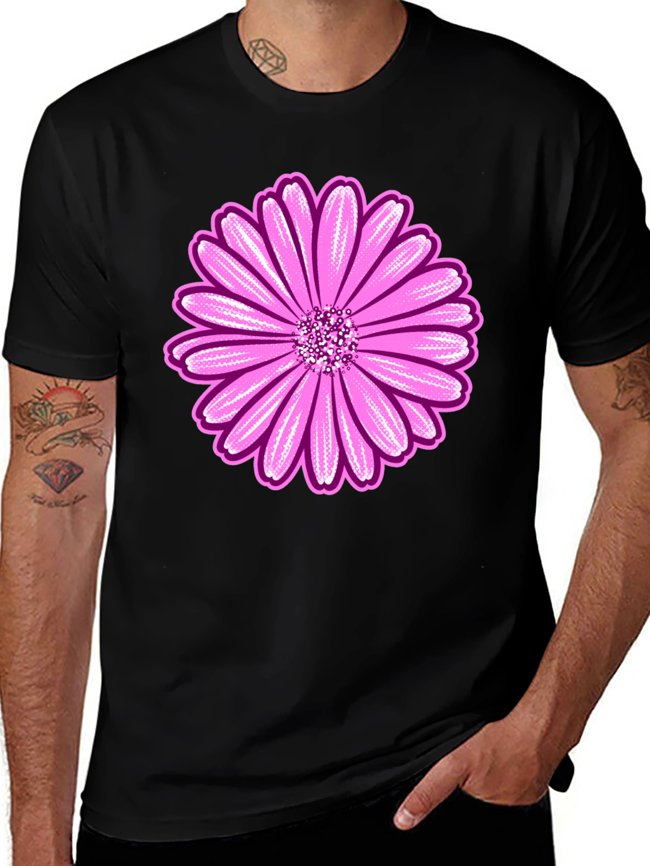 Pink Daisy Graphic Black T-Shirt