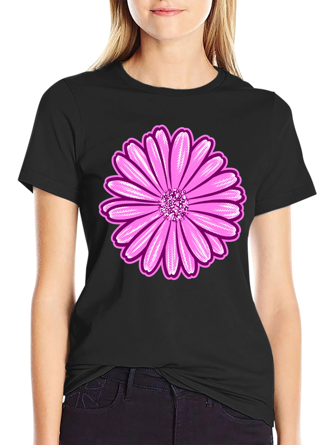 Pink Daisy Graphic Black T-Shirt