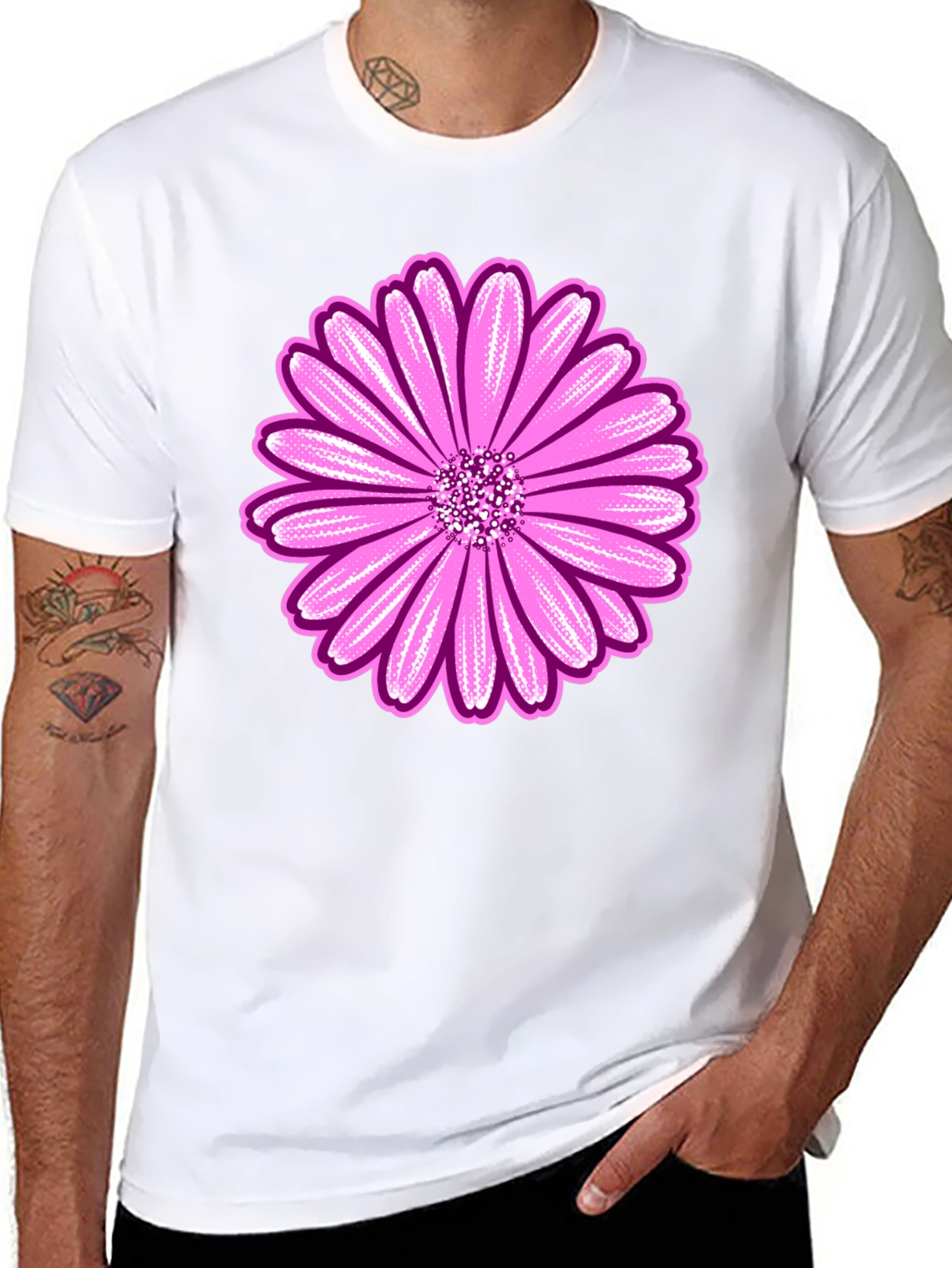 Pink Daisy Graphic Black T-Shirt