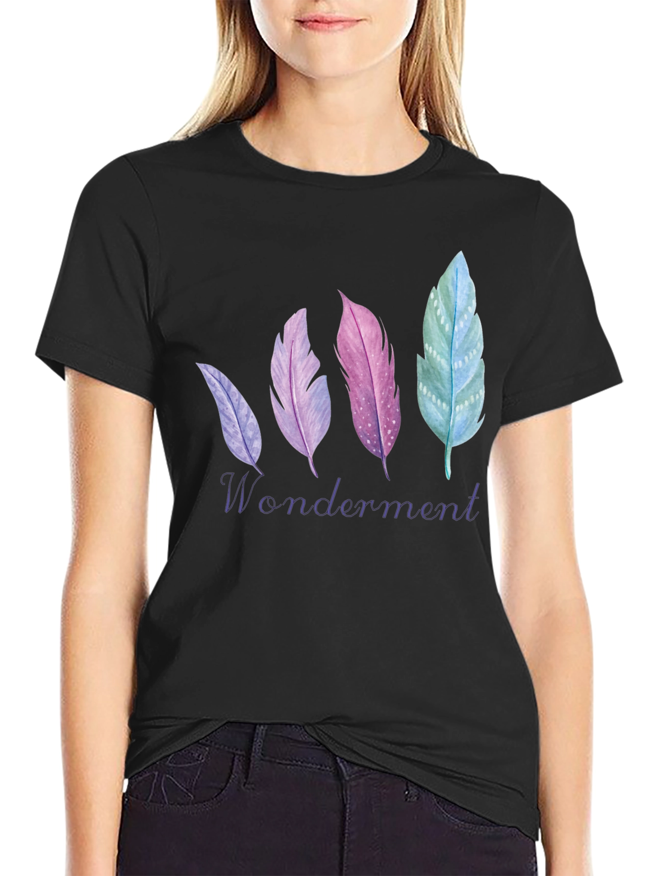 Wonderment Feather Graphic Black T-Shirt