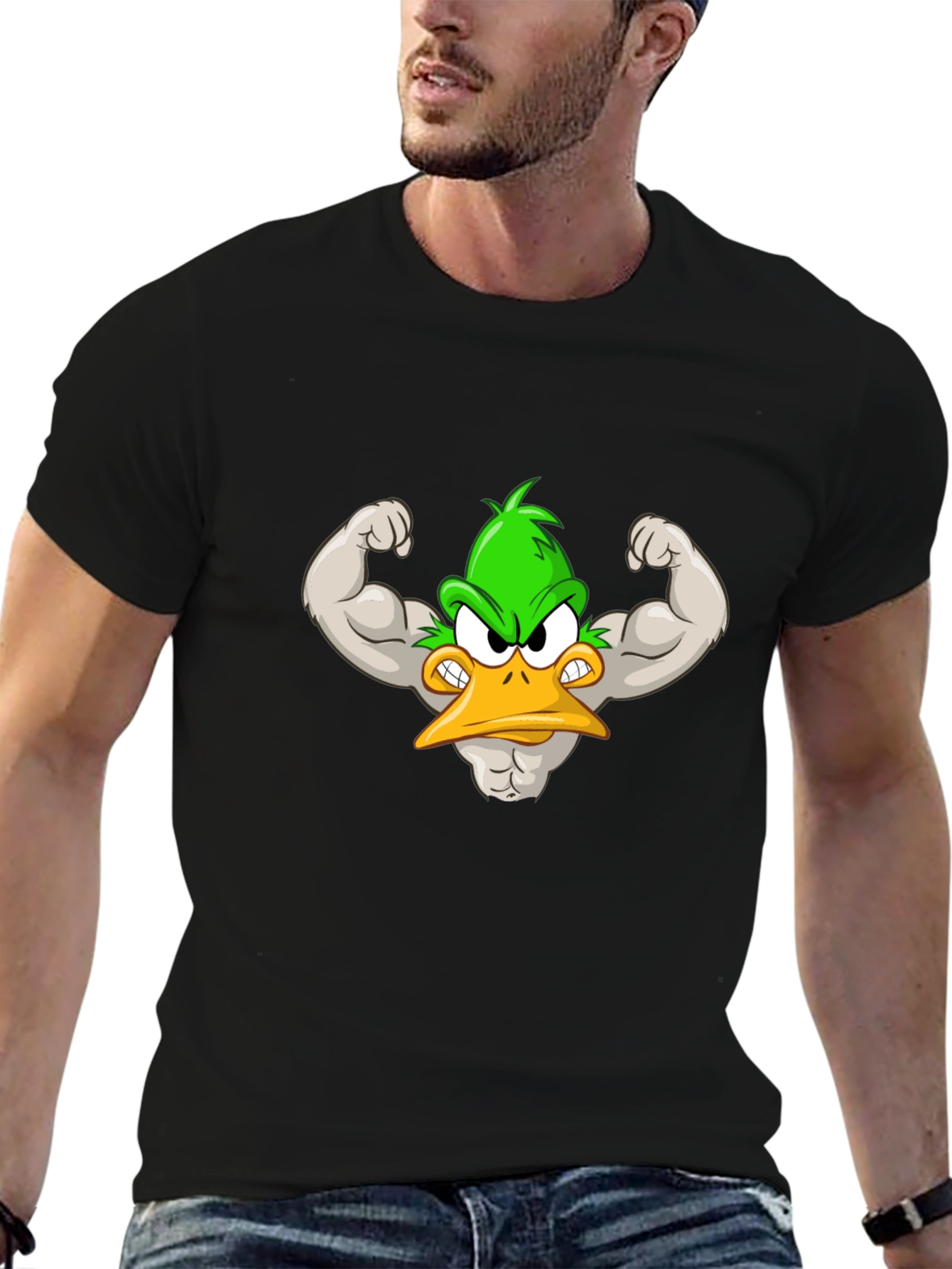 Muscular Cartoon Duck Graphic Tee - Black Cotton Shirt