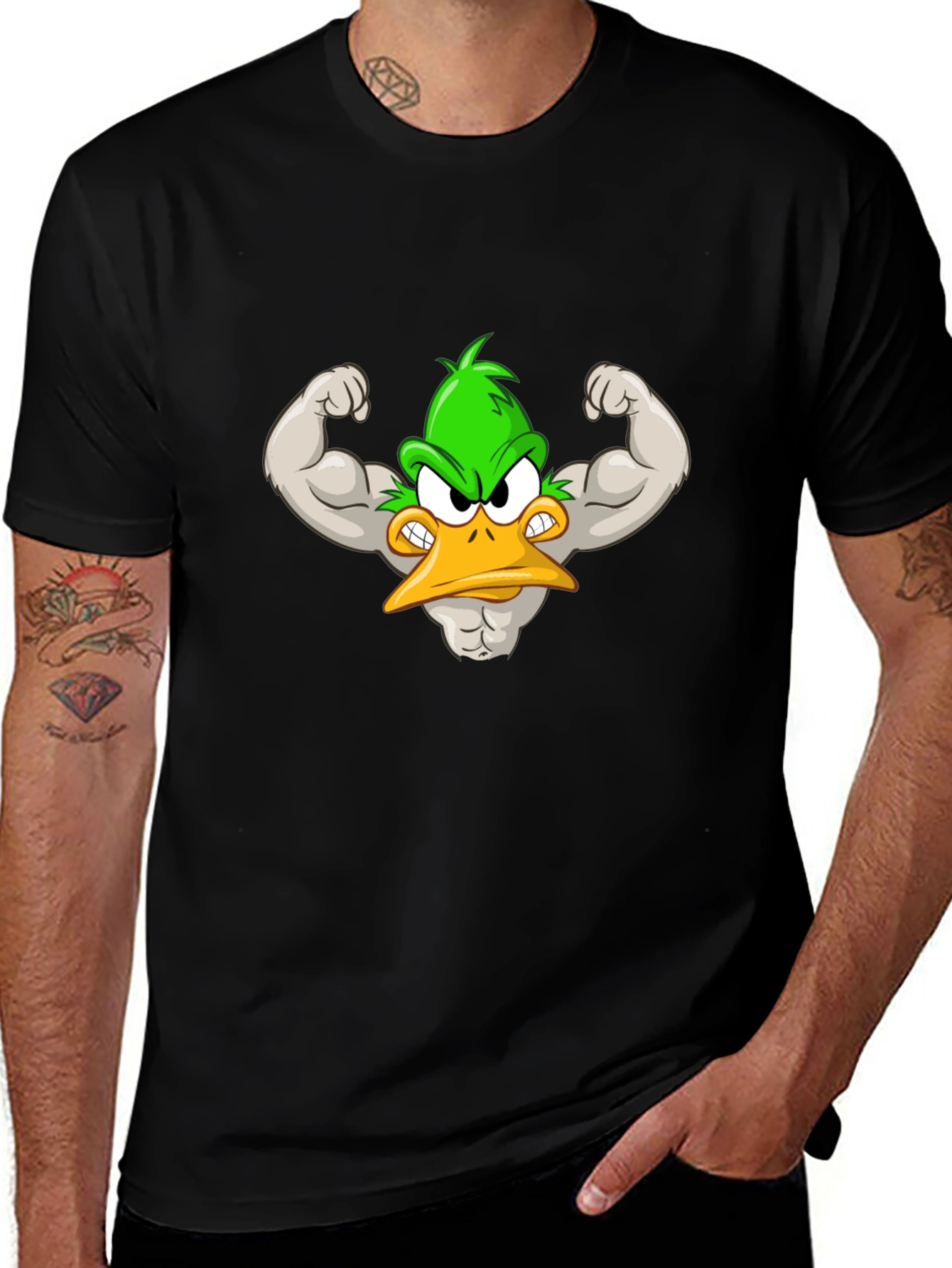 Muscular Cartoon Duck Graphic Tee - Black Cotton Shirt