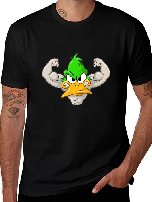 Muscular Cartoon Duck Graphic Tee - Black Cotton Shirt