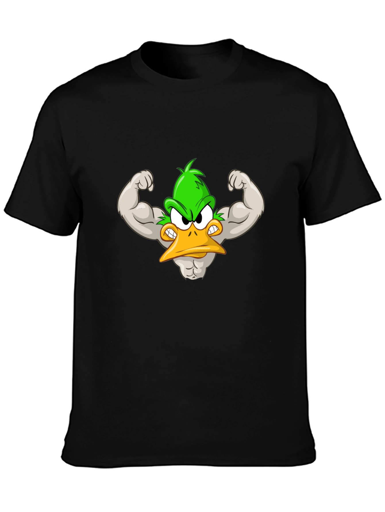 Muscular Cartoon Duck Graphic Tee - Black Cotton Shirt