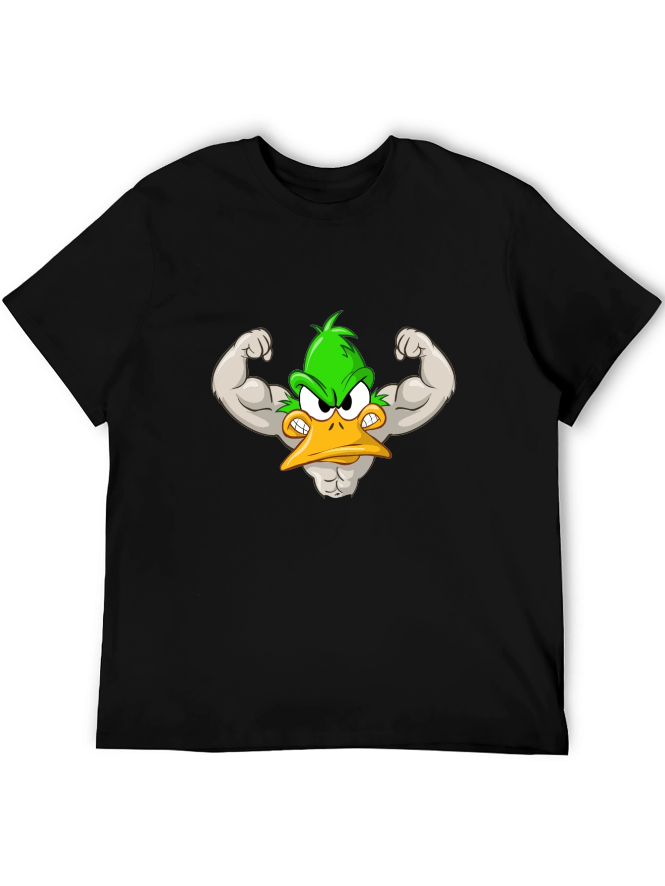Muscular Cartoon Duck Graphic Tee - Black Cotton Shirt