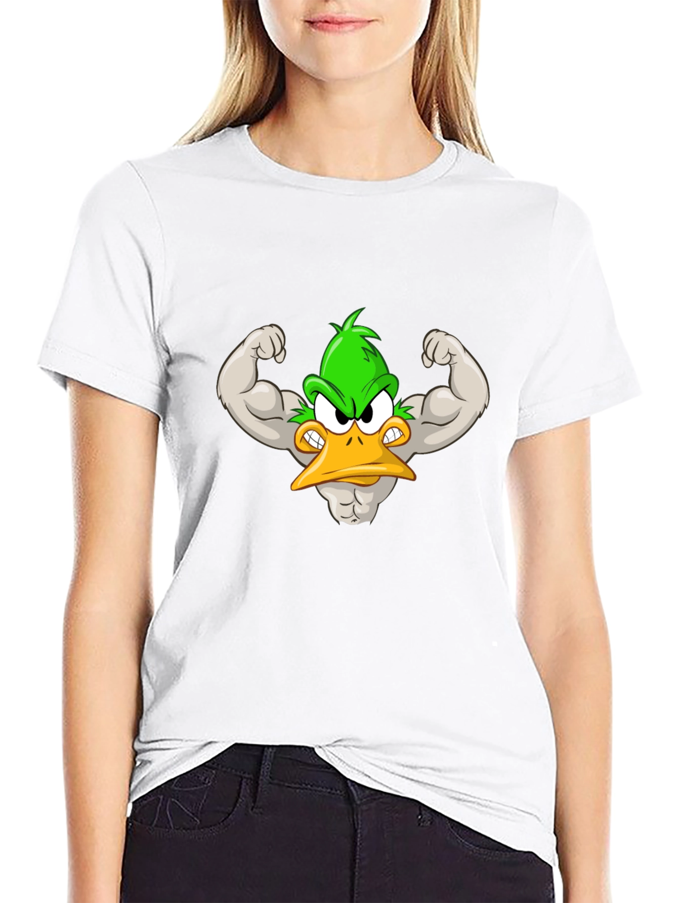 Muscular Cartoon Duck Graphic Tee - Black Cotton Shirt
