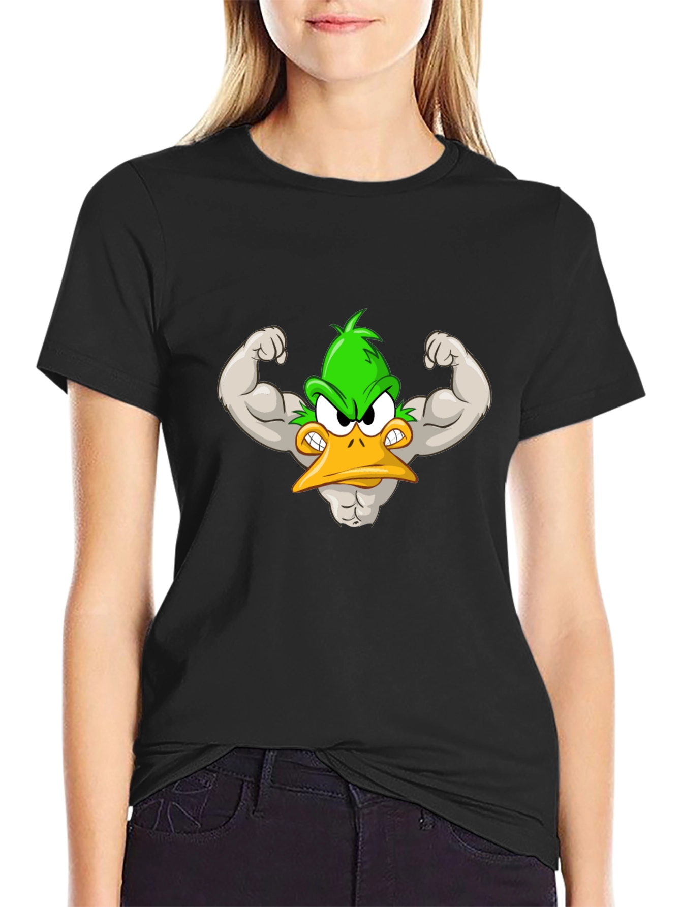 Muscular Cartoon Duck Graphic Tee - Black Cotton Shirt