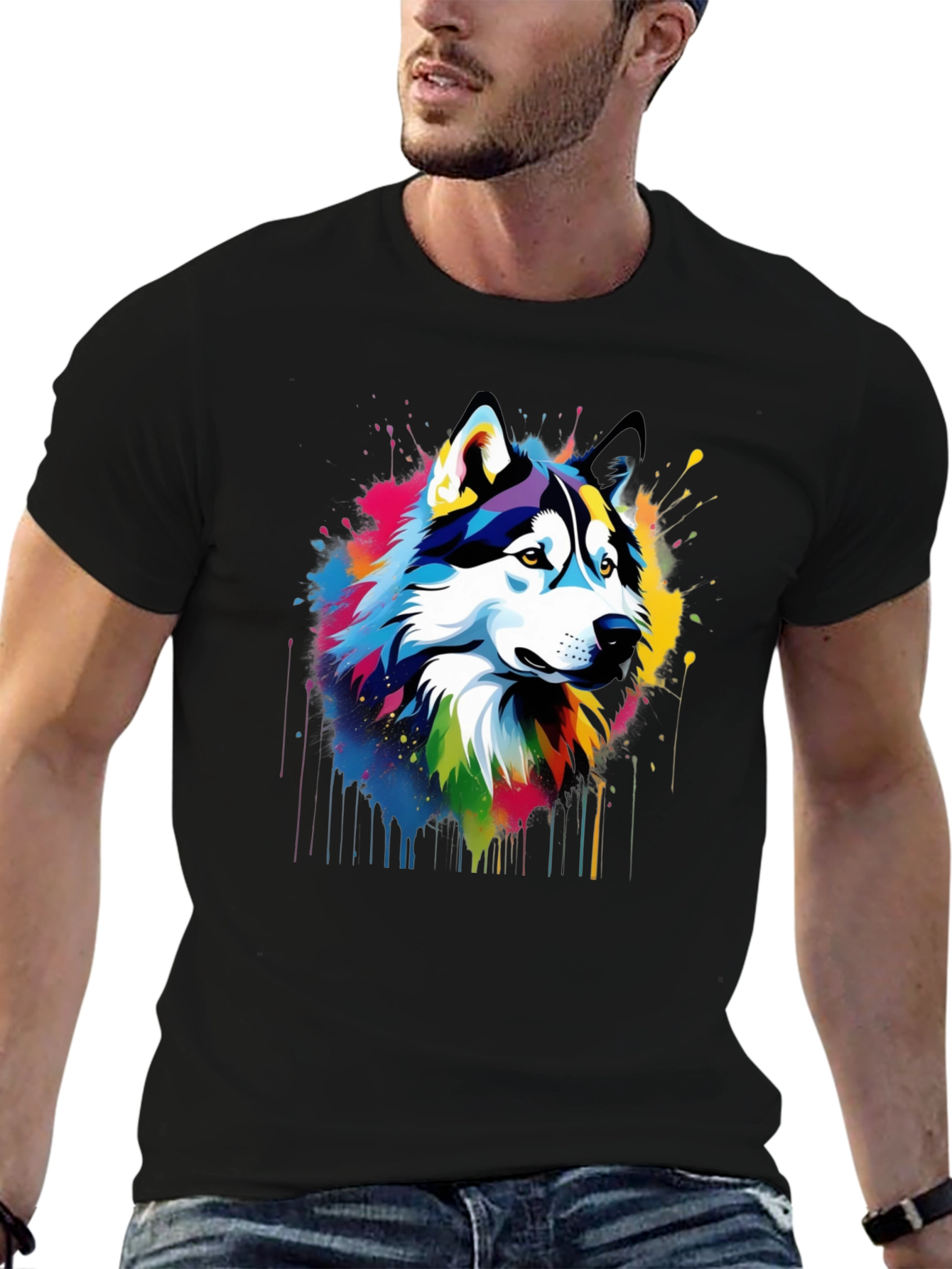 Vibrant Husky Graphic Tee - Mens Black T-Shirt