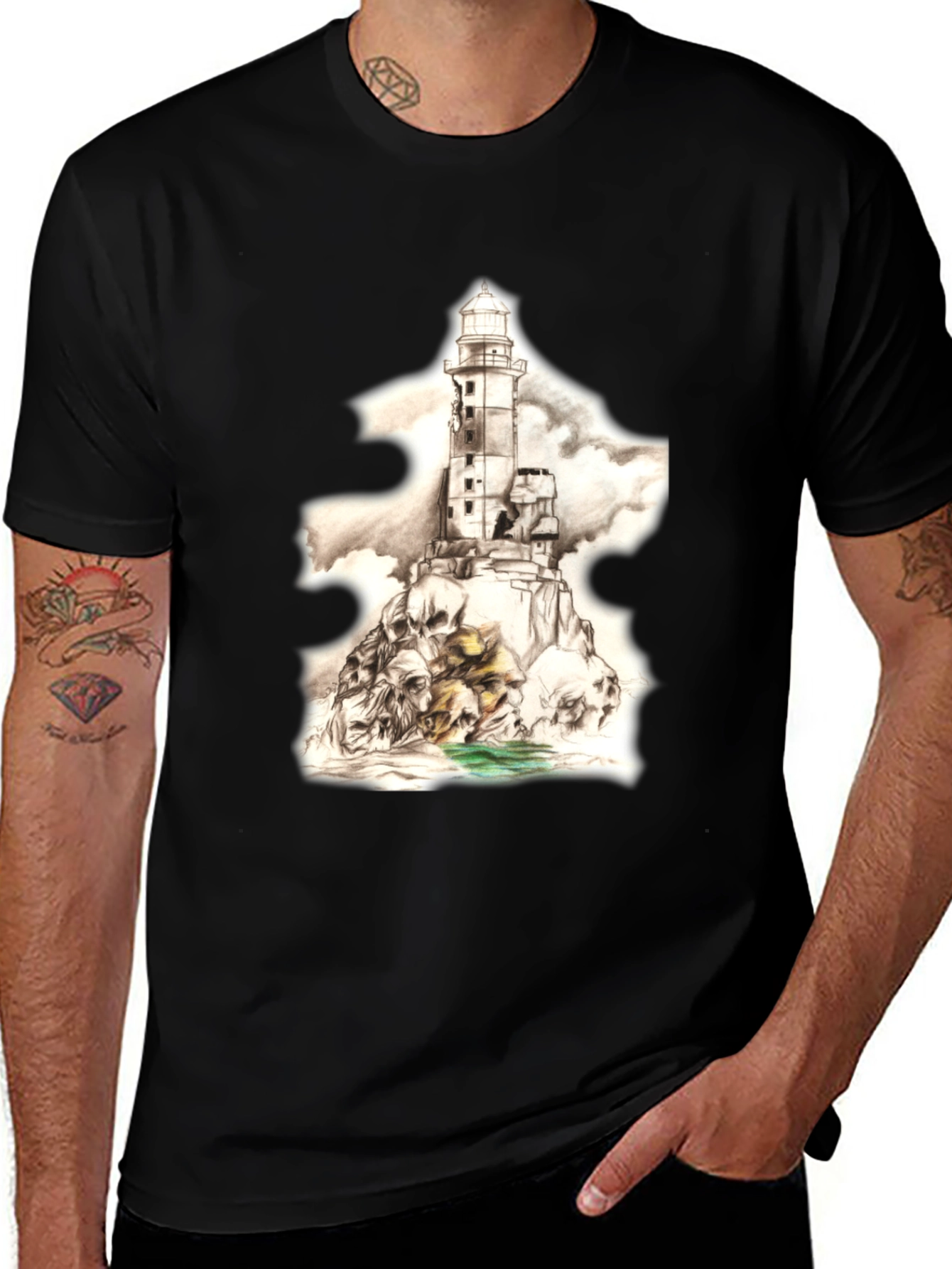 Skull Lighthouse Graphic Tee - Mens Black T-Shirt