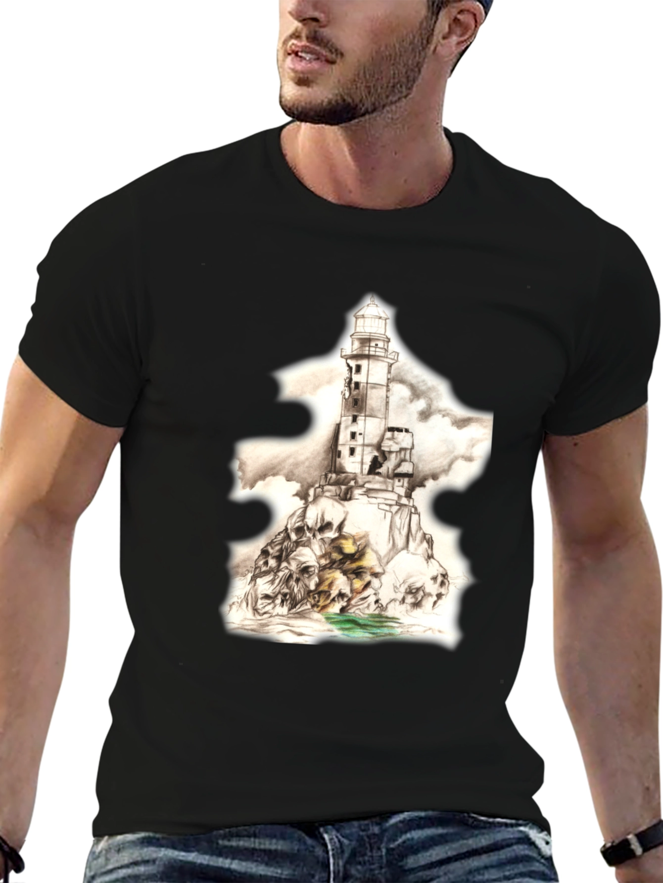 Skull Lighthouse Graphic Tee - Mens Black T-Shirt