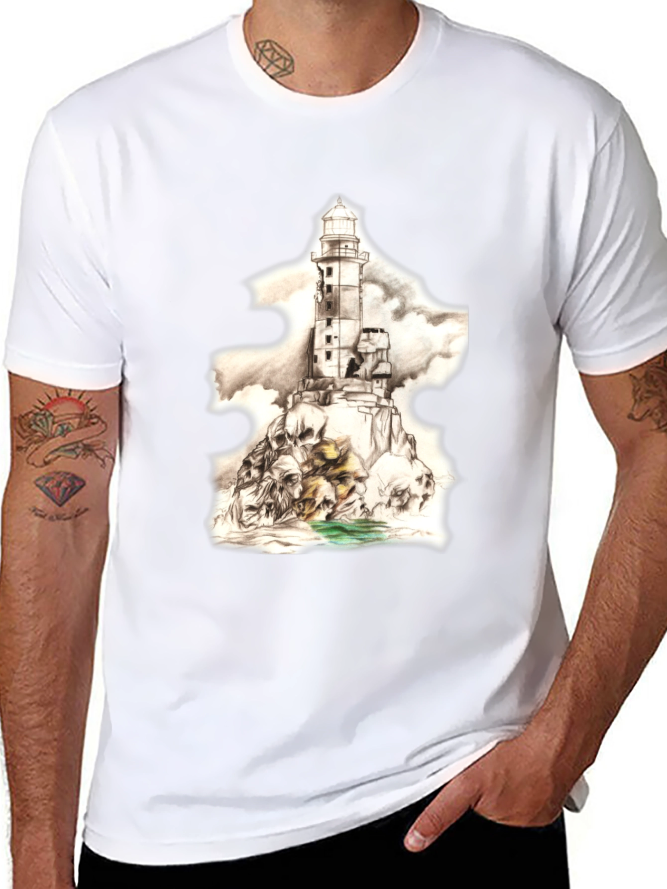 Skull Lighthouse Graphic Tee - Mens Black T-Shirt
