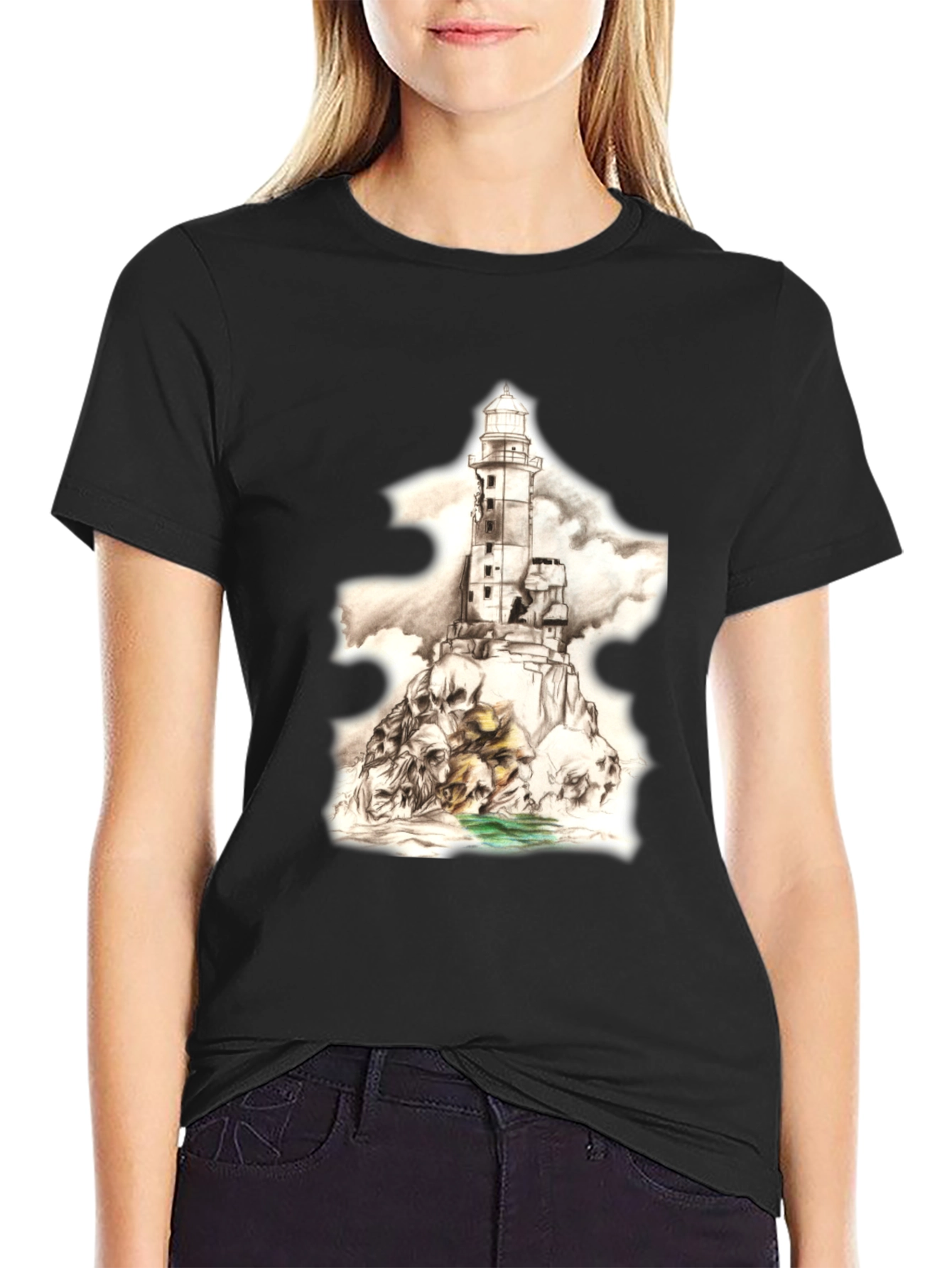 Skull Lighthouse Graphic Tee - Mens Black T-Shirt