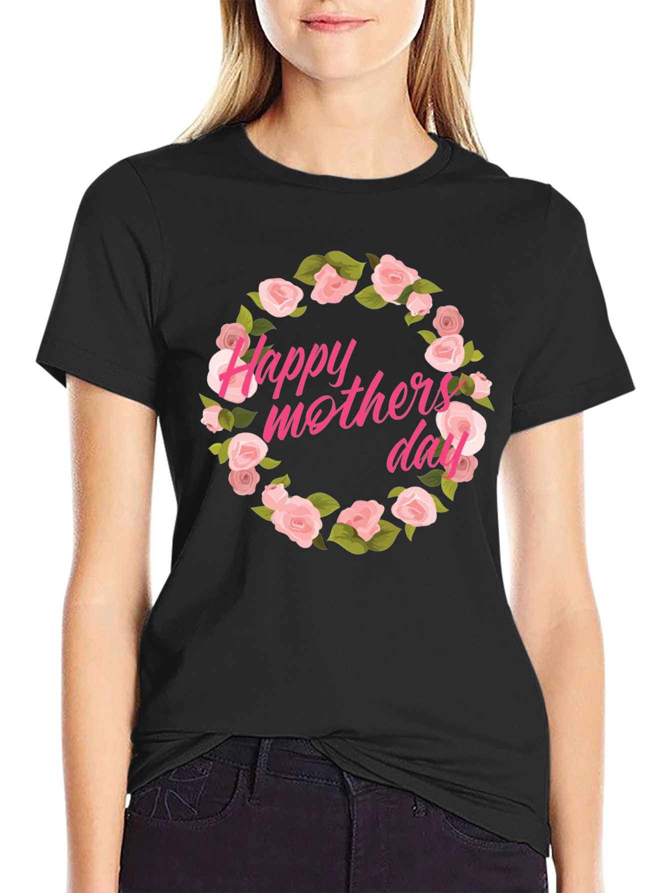 Happy Mothers Day Floral T-Shirt - Black