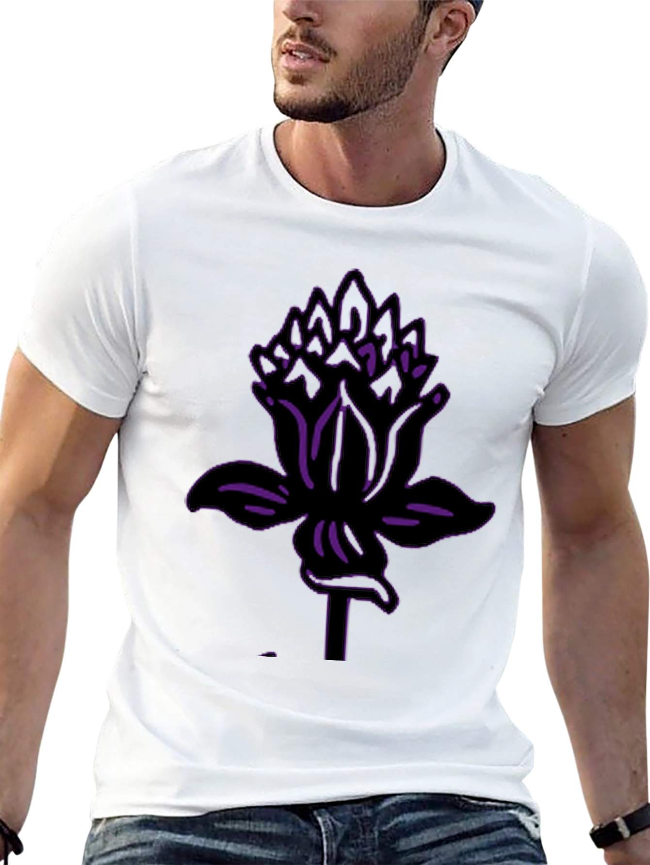 Black Tee with Purple Lotus Flower Graphic