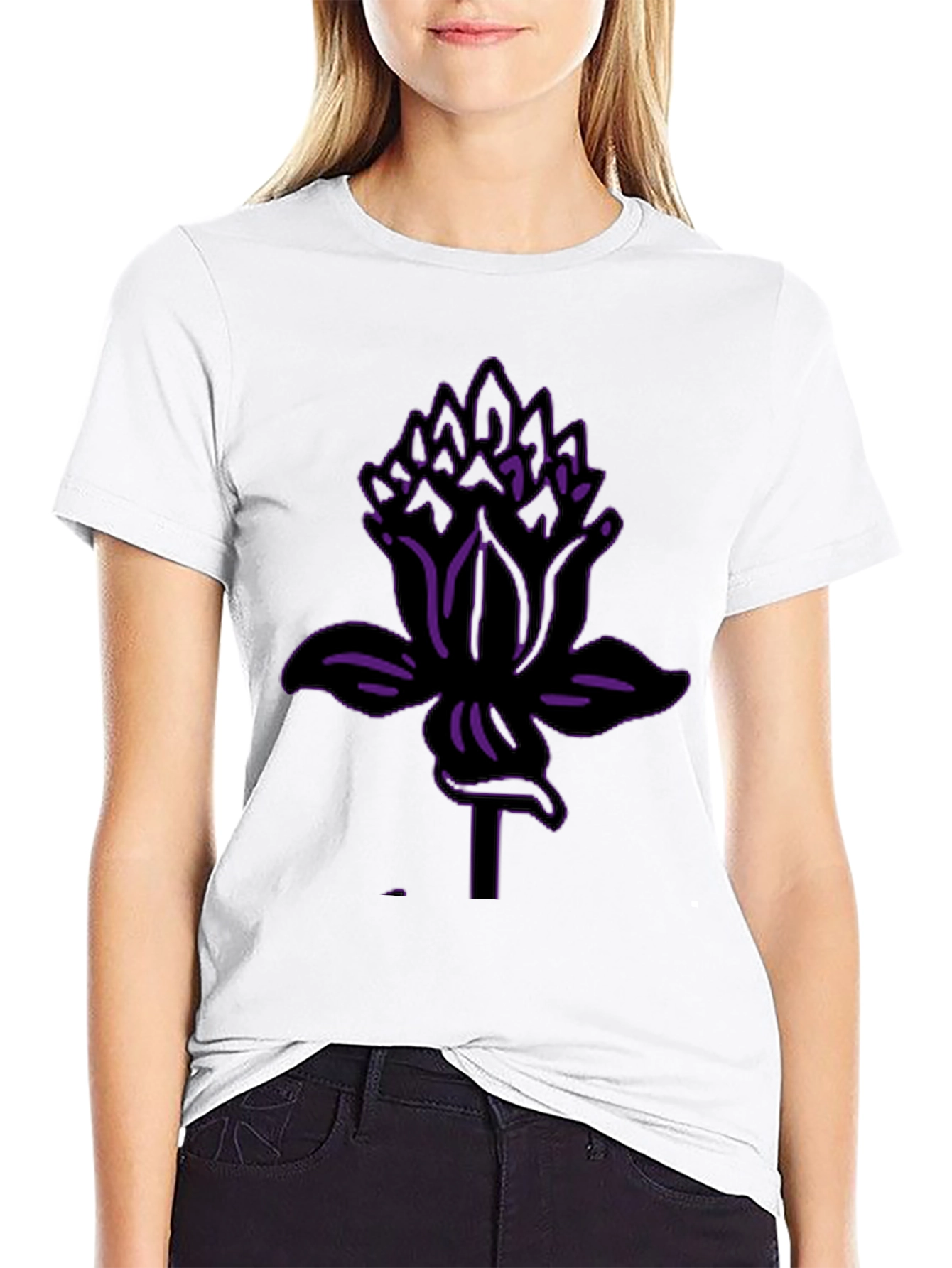Black Tee with Purple Lotus Flower Graphic