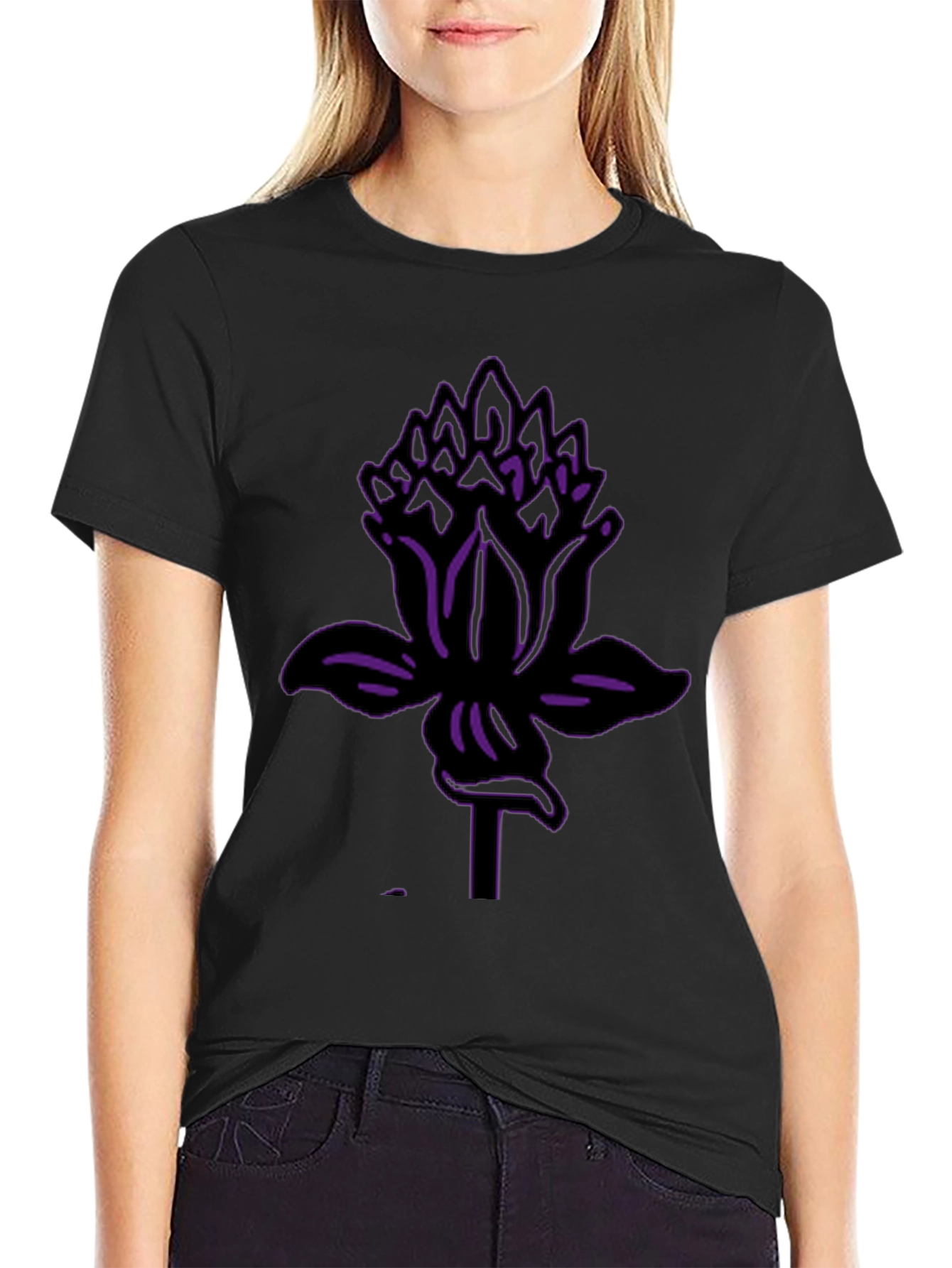 Black Tee with Purple Lotus Flower Graphic