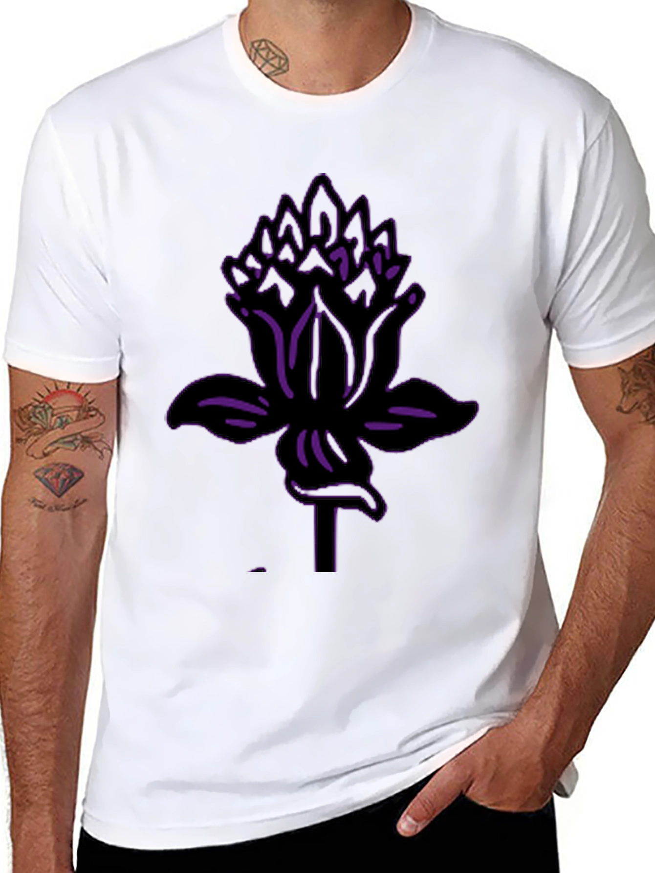 Black Tee with Purple Lotus Flower Graphic