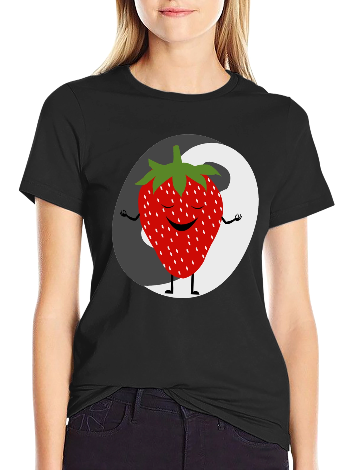 Zen Strawberry Yin Yang Graphic Tee - Black
