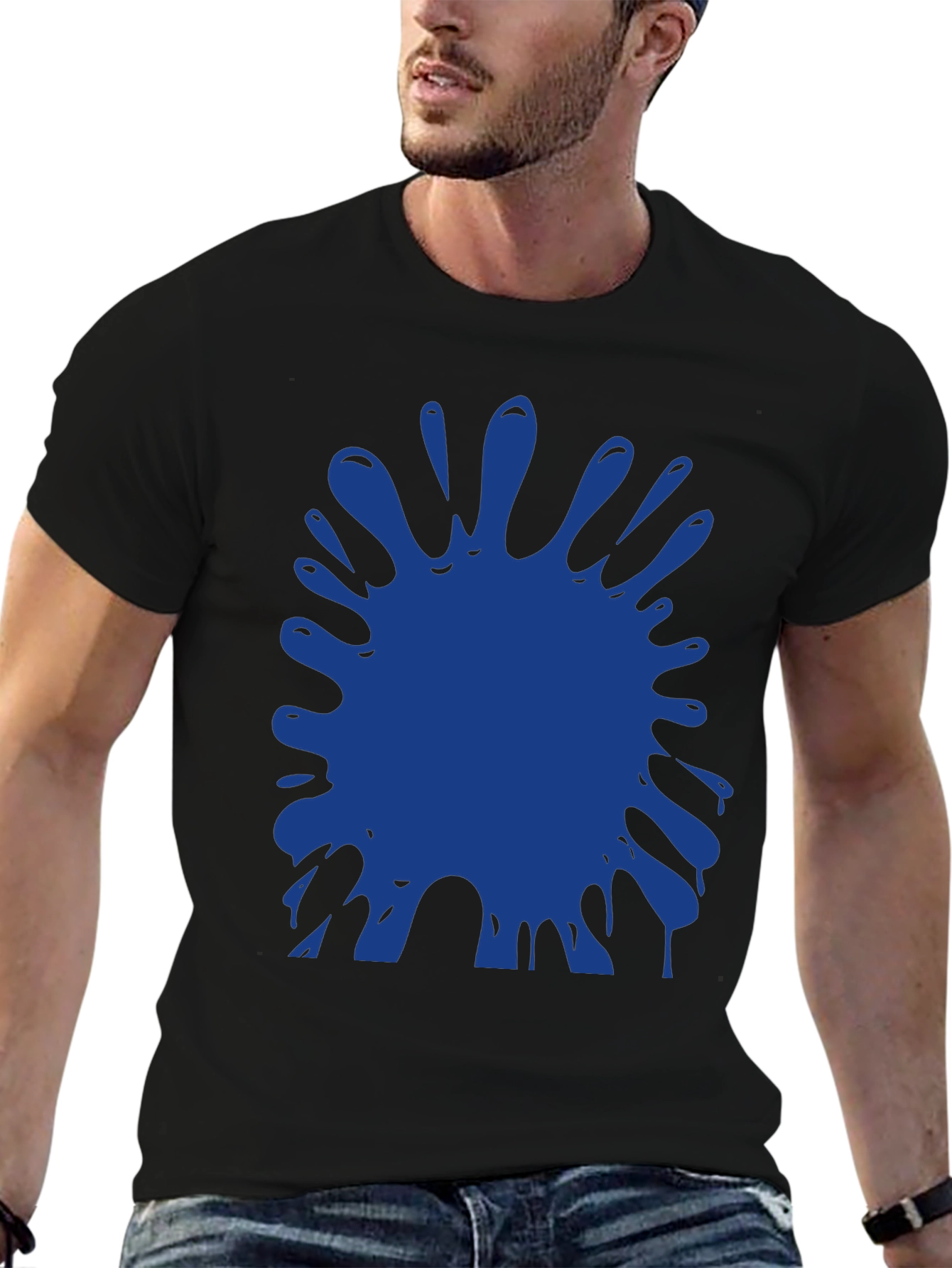 Blue Paint Splatter Graphic Black T-Shirt