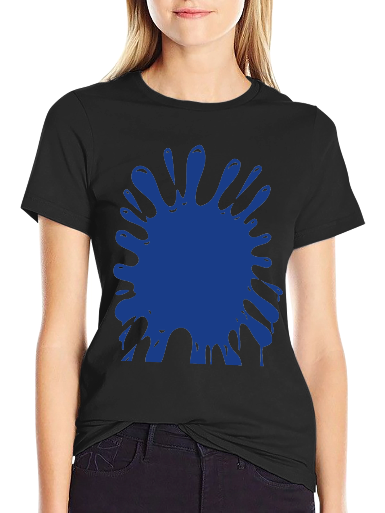 Blue Paint Splatter Graphic Black T-Shirt
