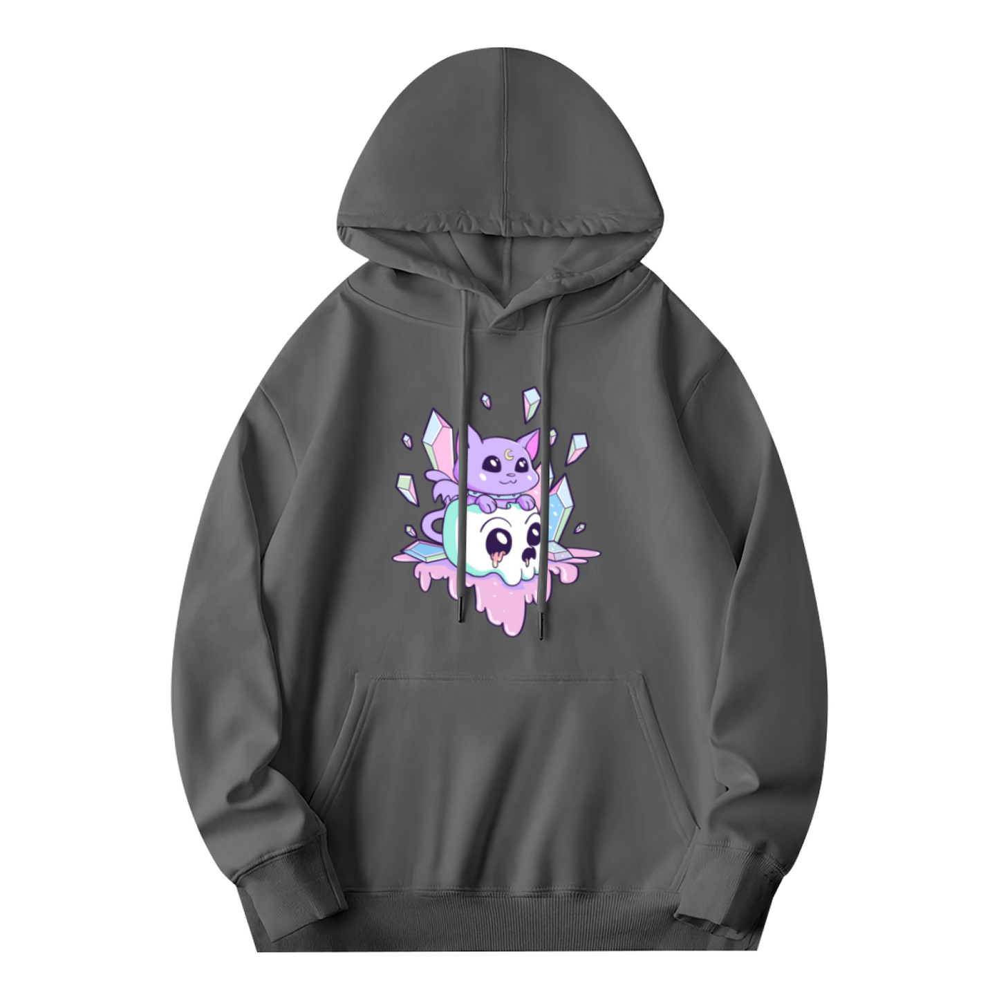 Kawaii Crystal Skull Purple Cat Cute Cartoon Hoodie, Plush Cozy Loungewear