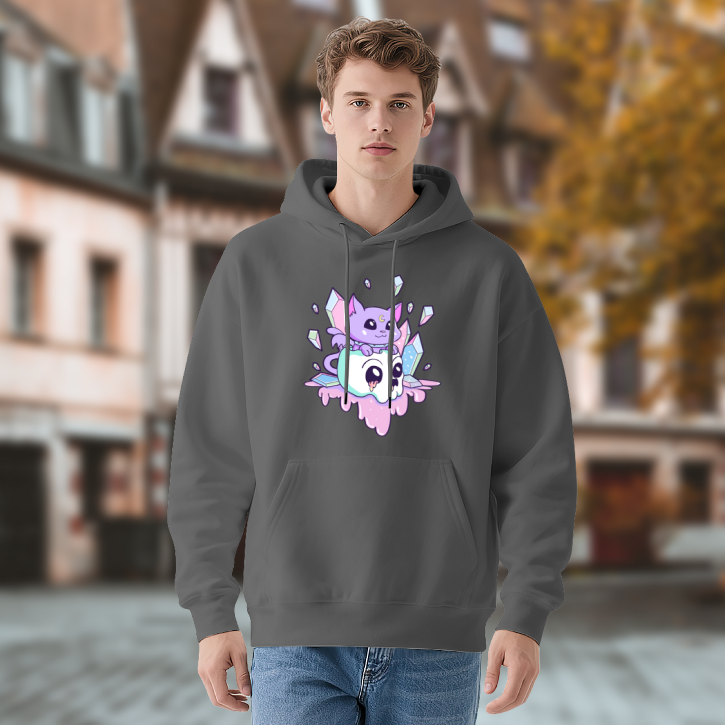 Kawaii Crystal Skull Purple Cat Cute Cartoon Hoodie, Plush Cozy Loungewear