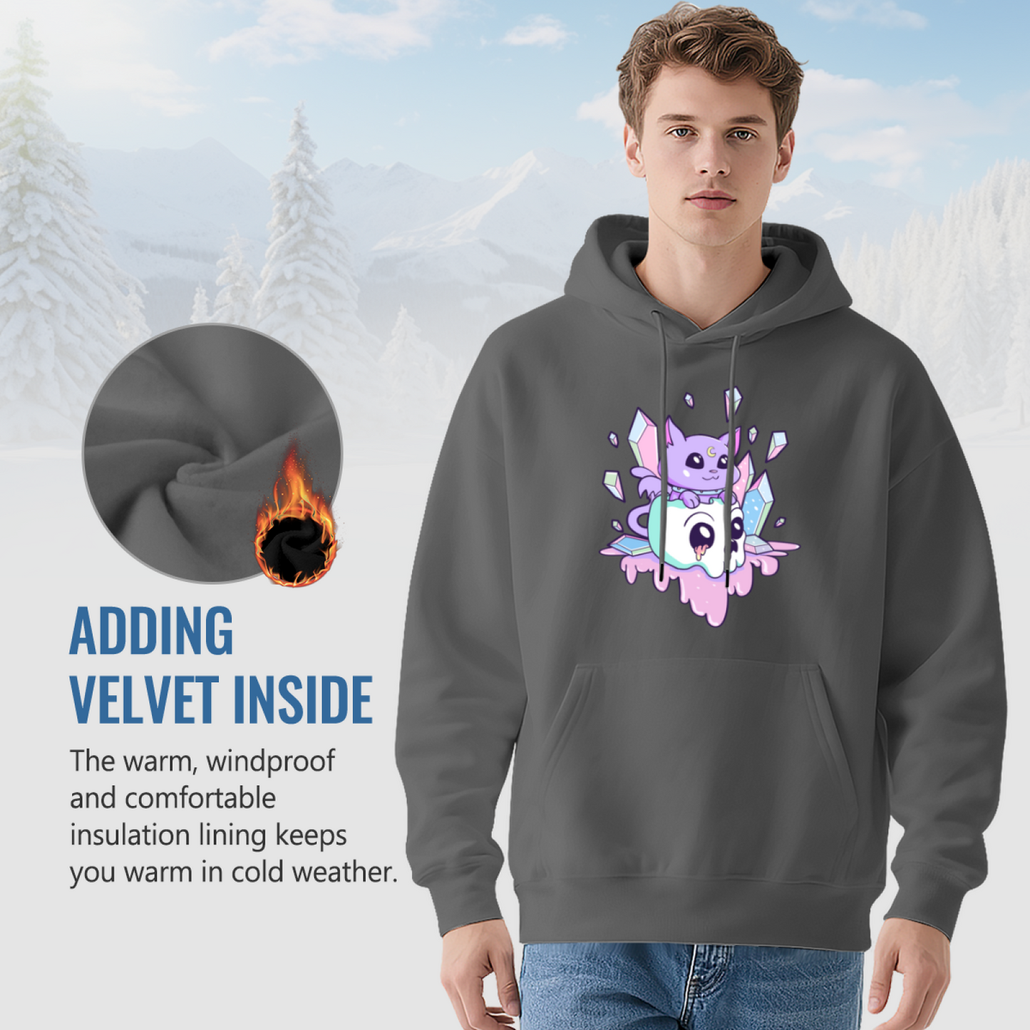 Kawaii Crystal Skull Purple Cat Cute Cartoon Hoodie, Plush Cozy Loungewear