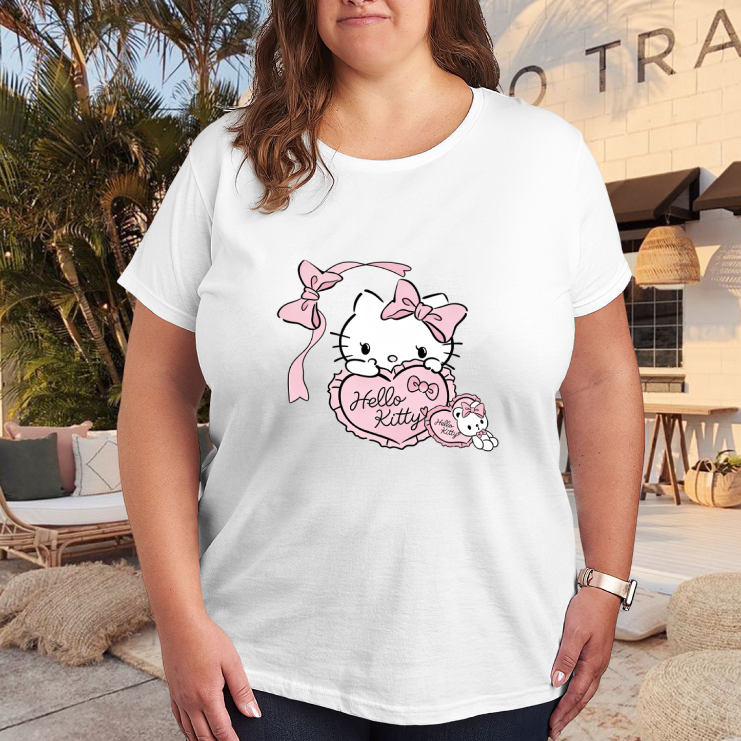Sweet Heart?Shaped Bow Hello Kitty Girly Plus?Size Women Tee