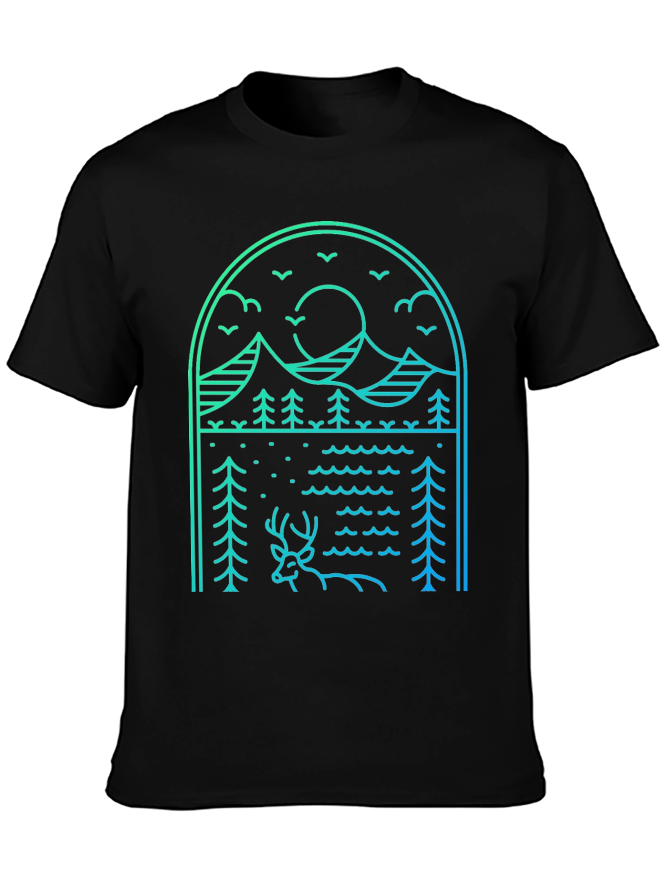 Nature Line Art Tee - Deer & Mountain Graphic