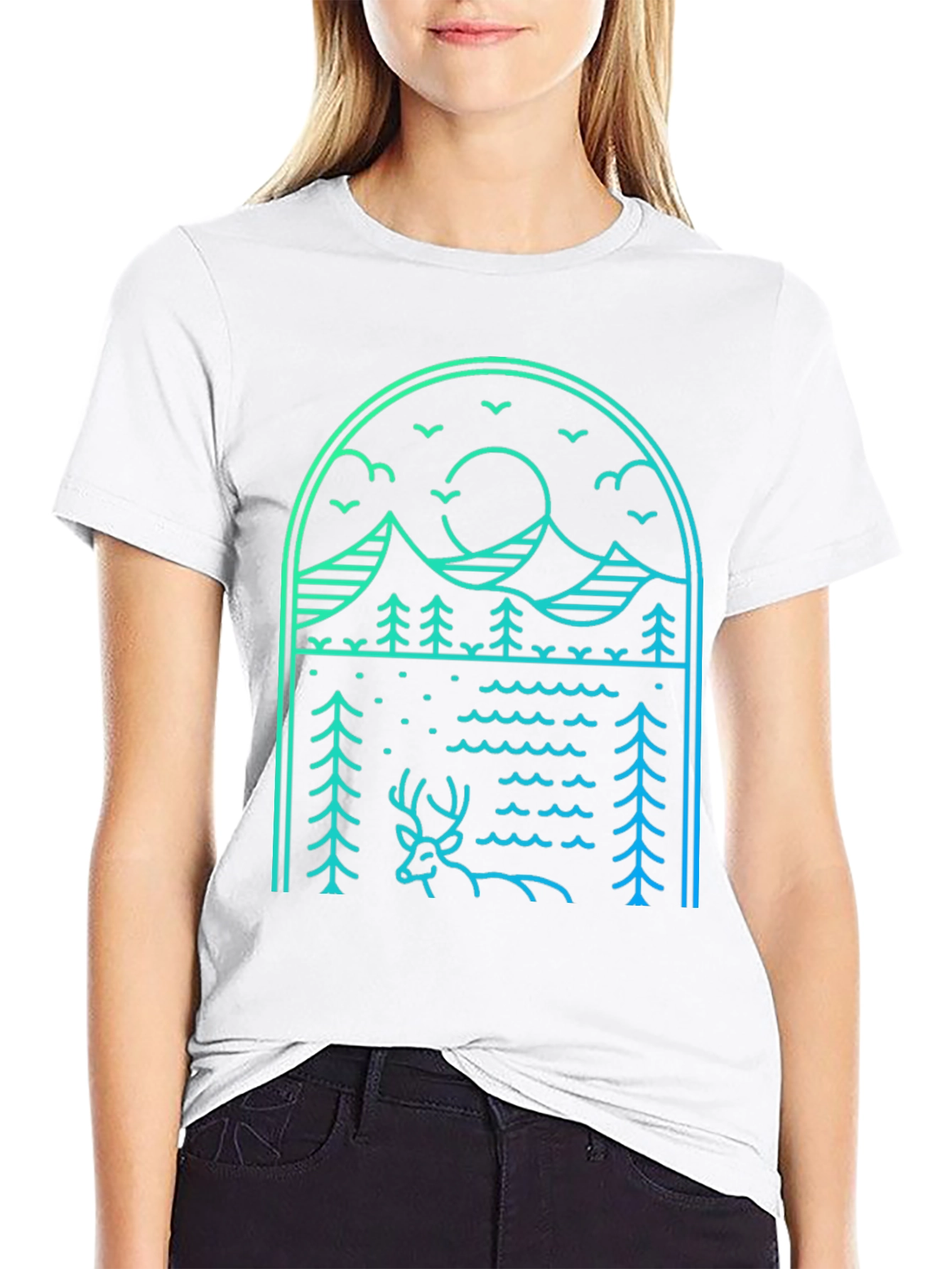 Nature Line Art Tee - Deer & Mountain Graphic