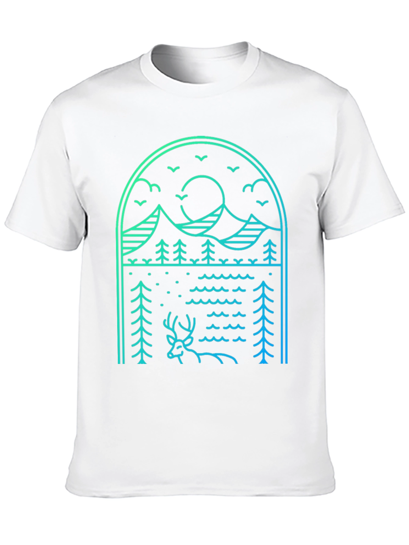 Nature Line Art Tee - Deer & Mountain Graphic