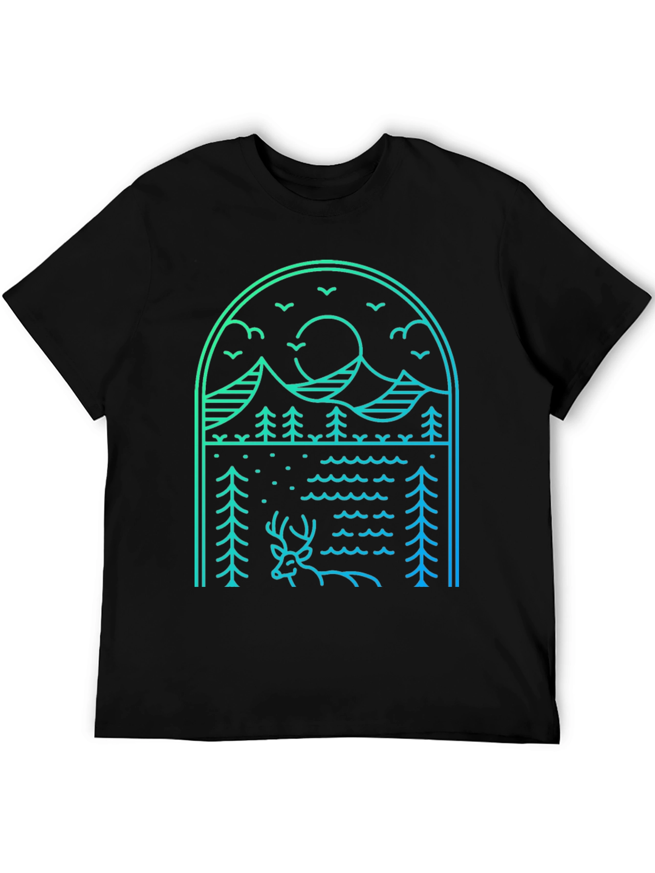 Nature Line Art Tee - Deer & Mountain Graphic